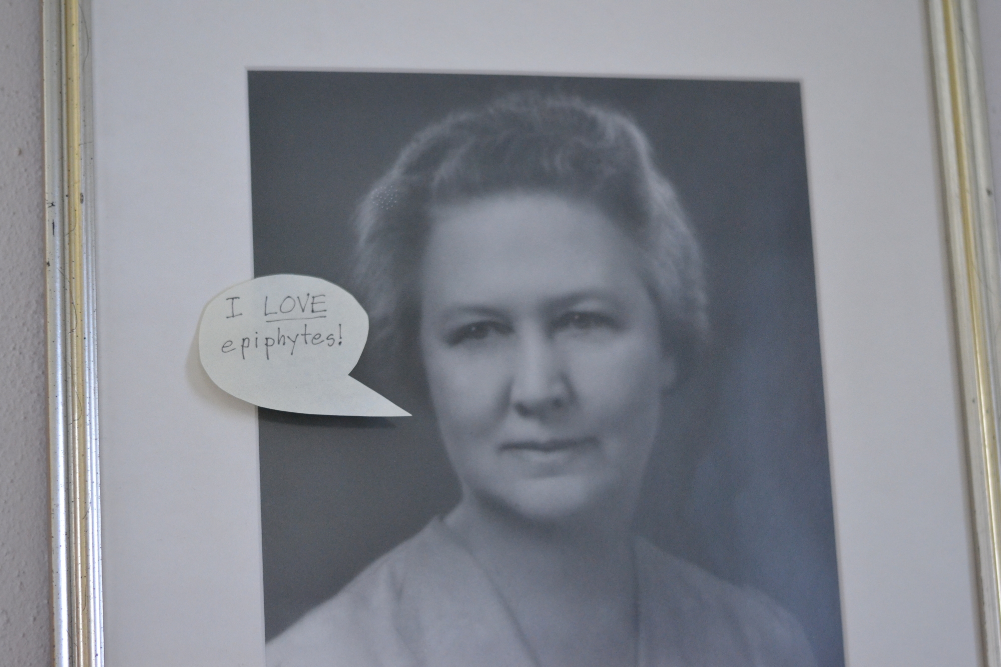 A portrait of Marie Selby in the Horticulture Department with a note added that reads 