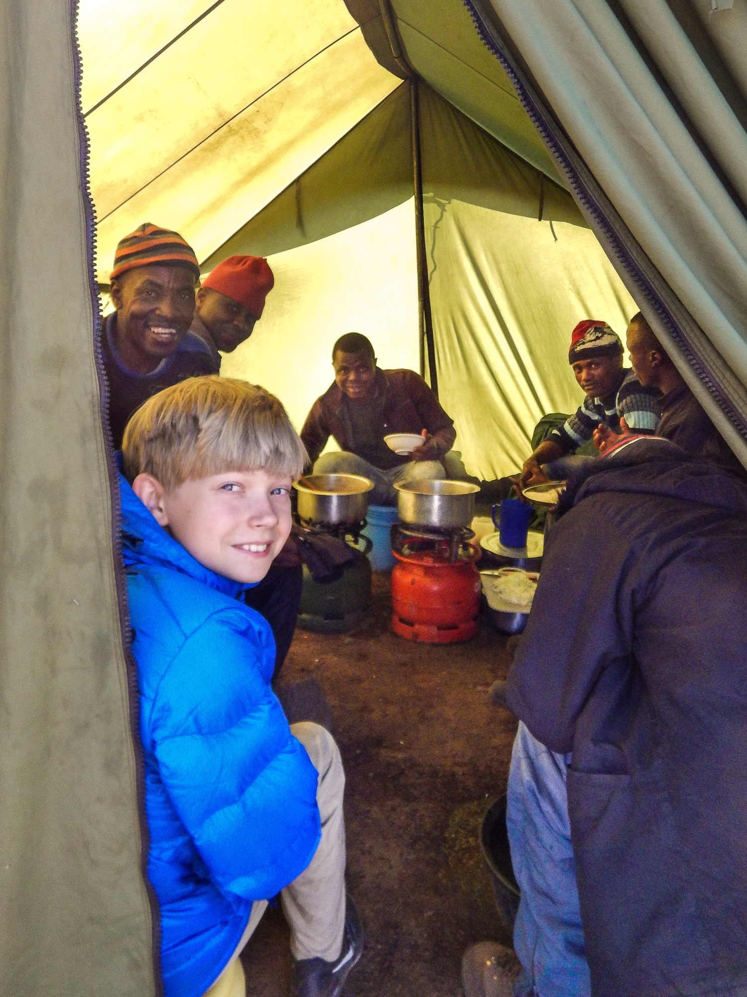 Jace King with the porters who guided him and his family up the mountain.