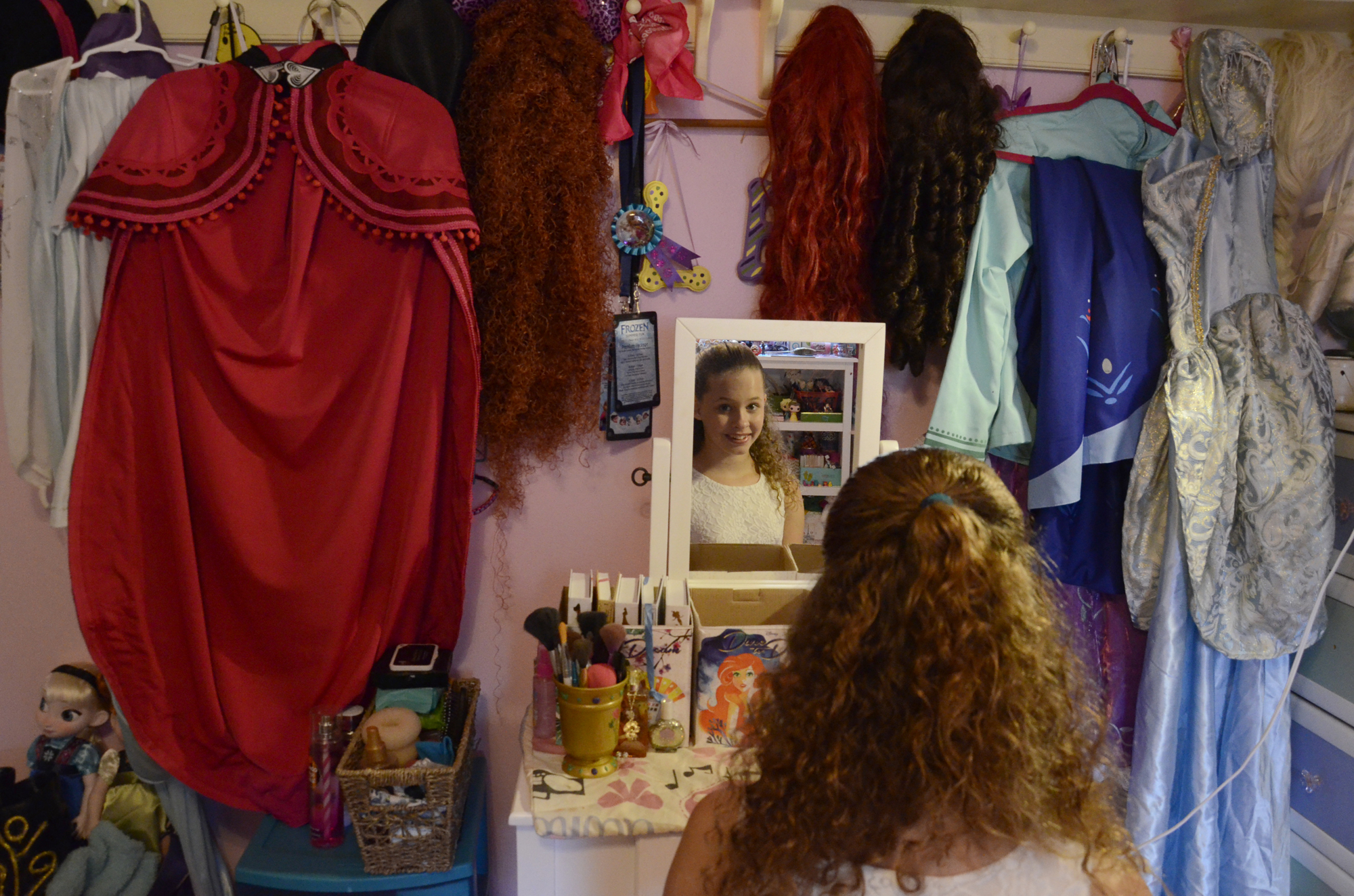 Belle puts on her costume and make-up before she leaves for events, so that when she arrives, she is fully in-character.