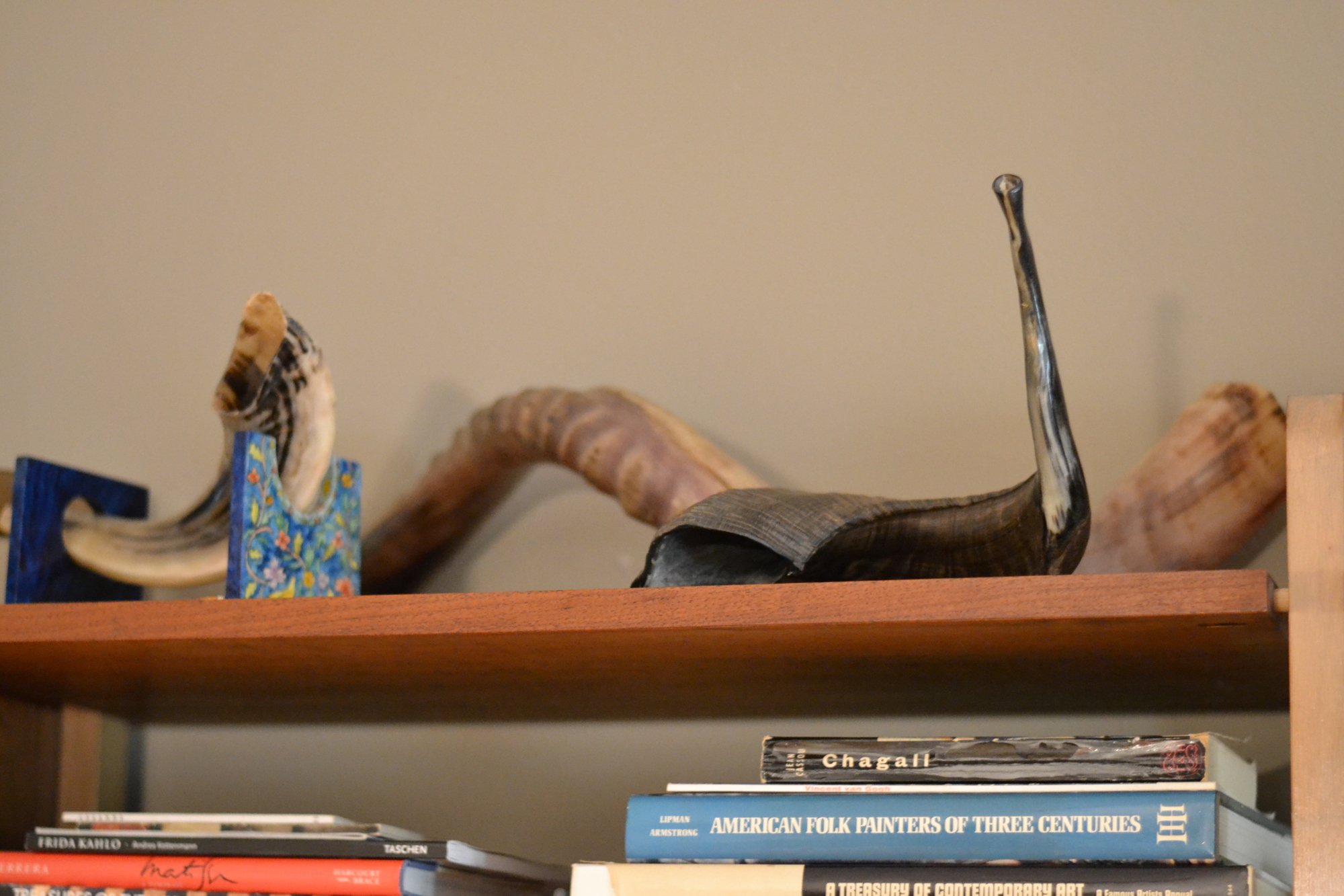Shofar horns sit on a shelf until the holy days.