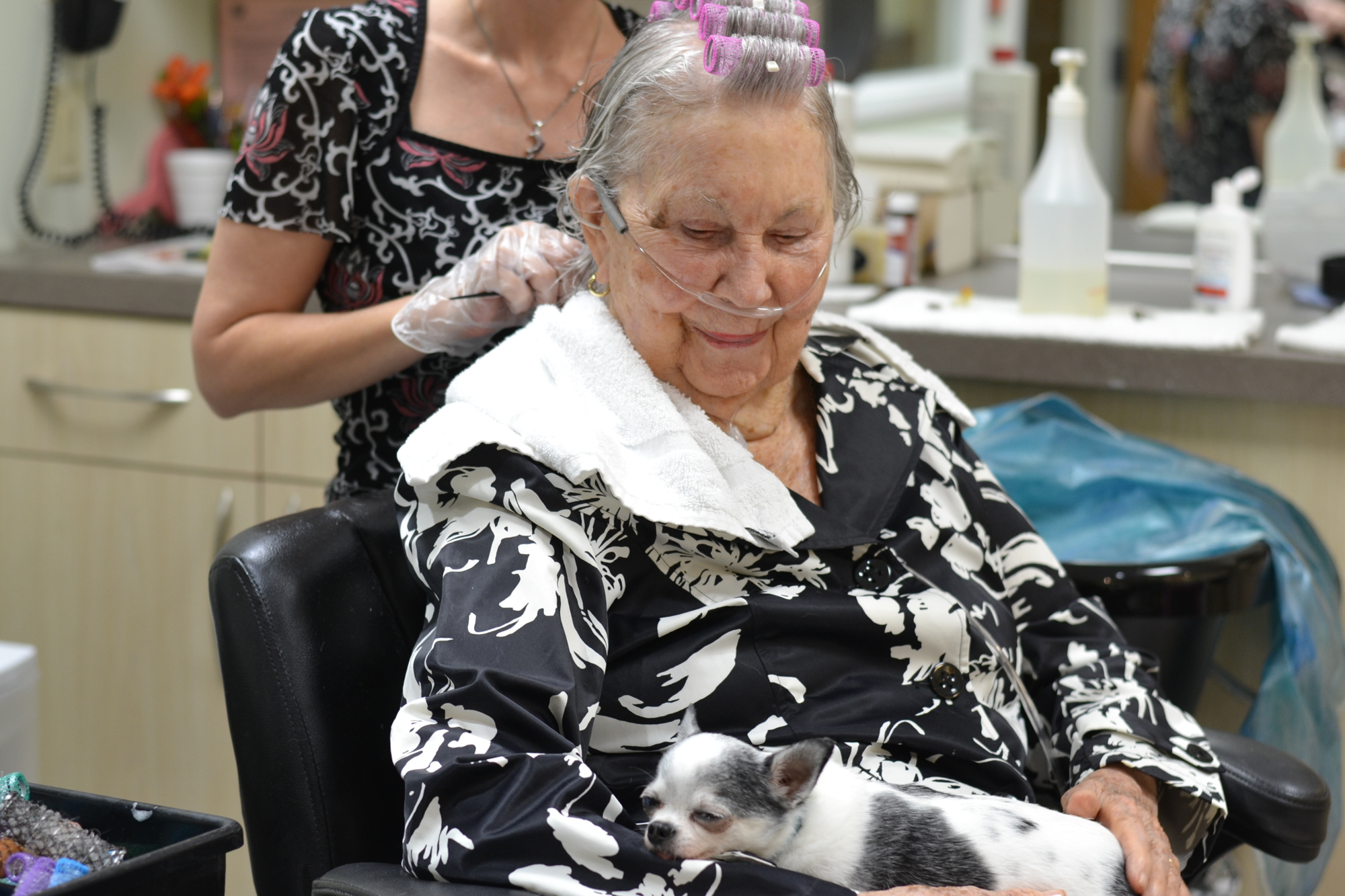 Resident Dr. Mary Elemndorf has curlers set in her hair while her dog Freddy snoozes on her lap.
