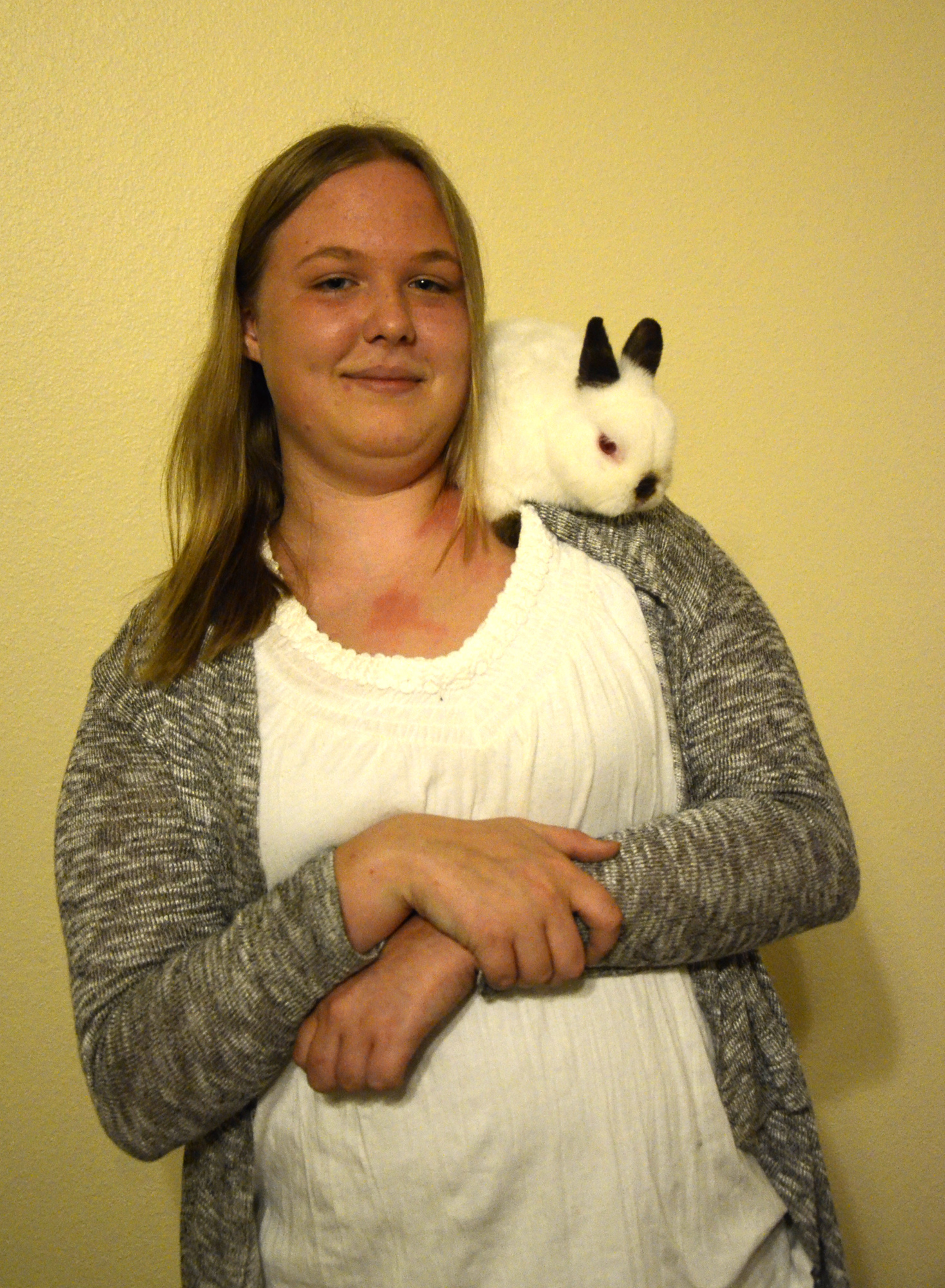 Ashley Scalzi's bunny, Ace, likes to sit on her shoulder.