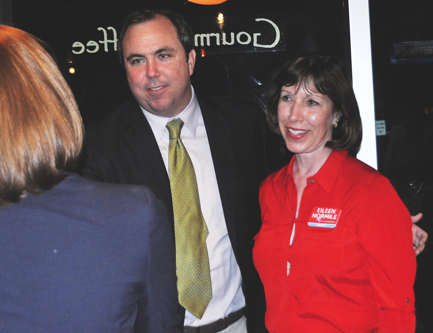Sarasota GOP Chairman Joe Gruters and Sarasota City Commissioner Eileen Normile chat following Tuesday’s election.
