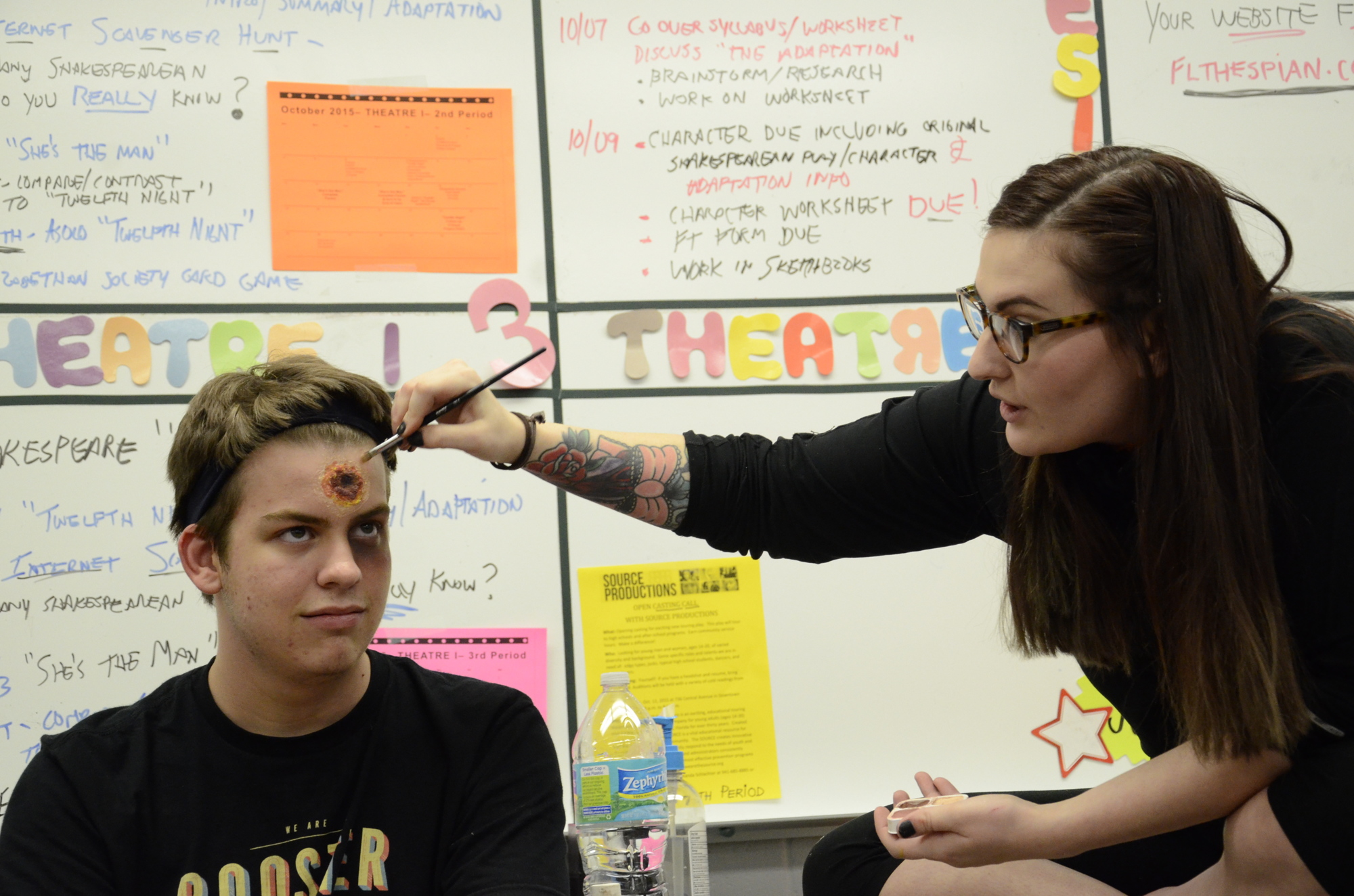 Rachel Knowles gave Lakewood Ranch High School drama students a how-to on Halloween makeup, using Jackson Helwege as a model.