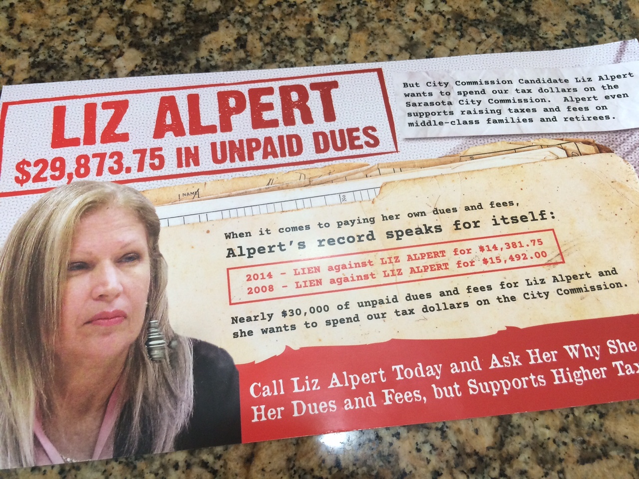 The mailer was sent by a Florida-based PAC with ties to the Republican Party of Sarasota County. Image courtesy Liz Alpert.