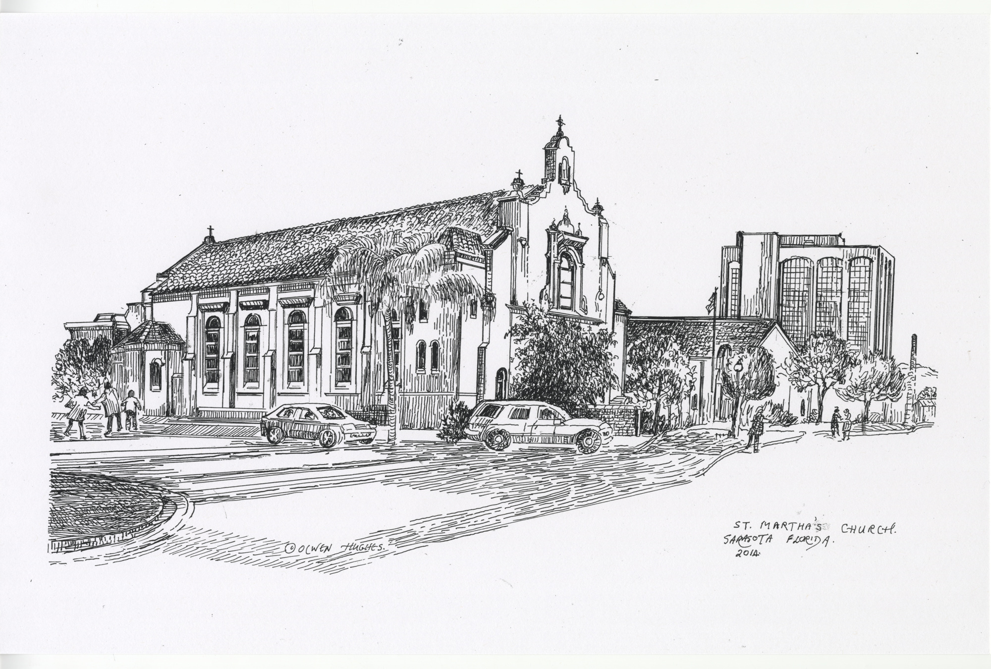 Olwen Hughes sketched this depiction of St. Martha's Catholic Church in downtown Sarasota. Photo courtesy of Olwen Hughes and Sarasota County.