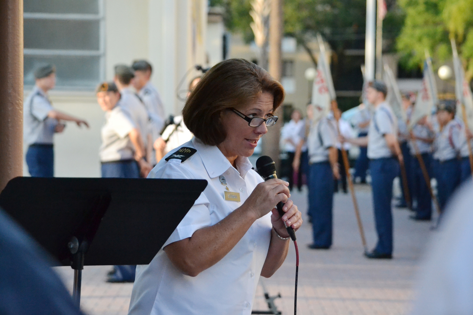 Sarasota Military Academy Head of School Christina Bowman addresses cadets during morning formation.