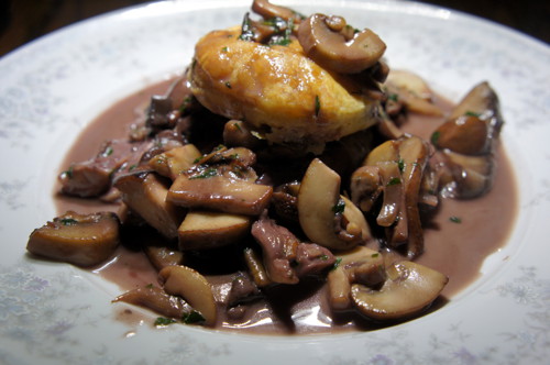 Wild mushrooms, puffed pastry, and a wine sauce...delicious!