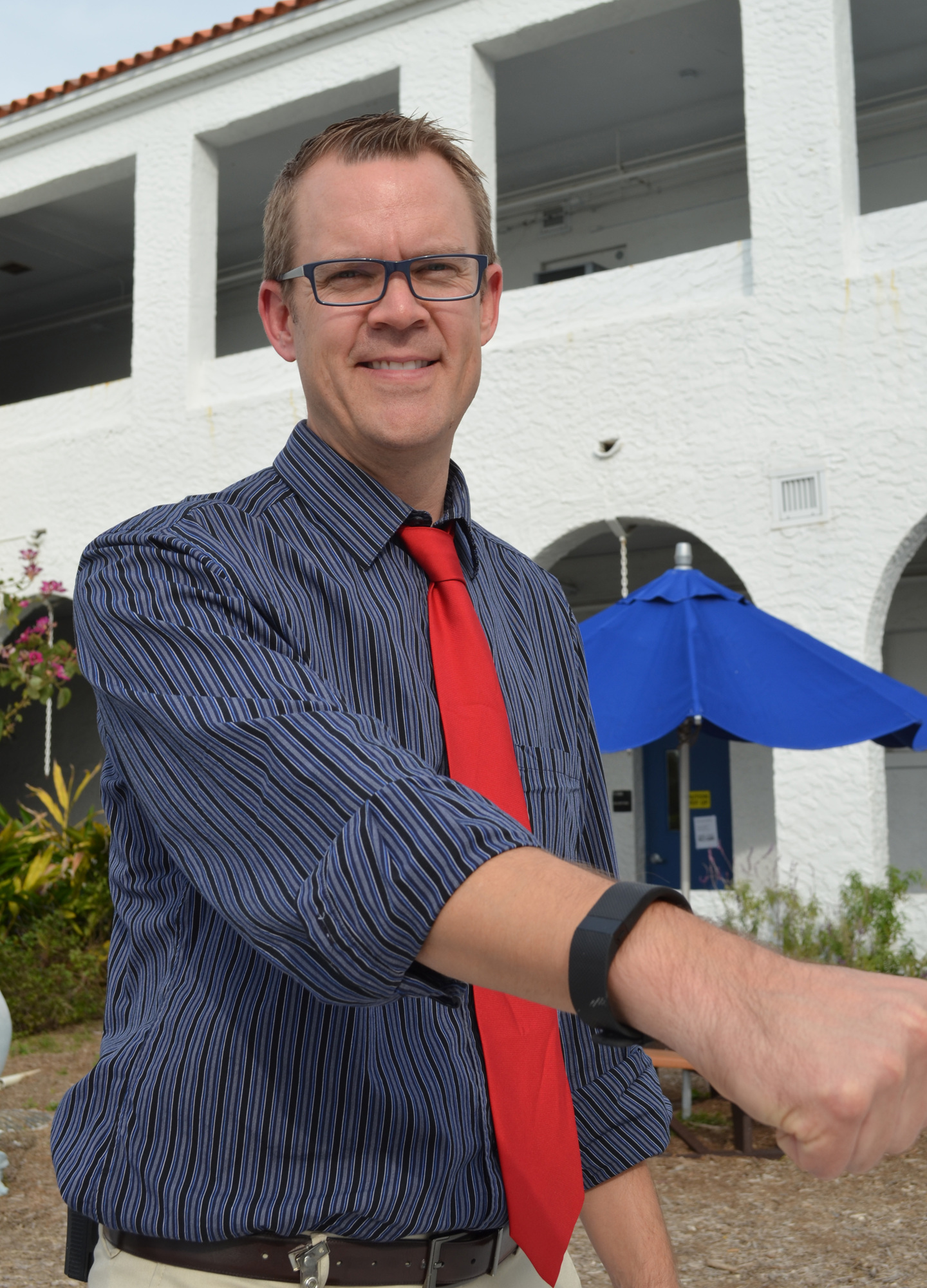 Bay Haven School of Basics Plus Principal Chad Erickson with his Fitbit bracelet.