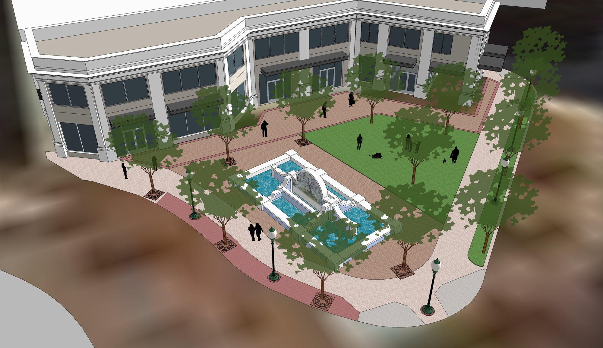 This conceptual rendering depicts the Pineapple Park and the proposed two-story structure, removing an existing raised planter and adding other landscaping features.