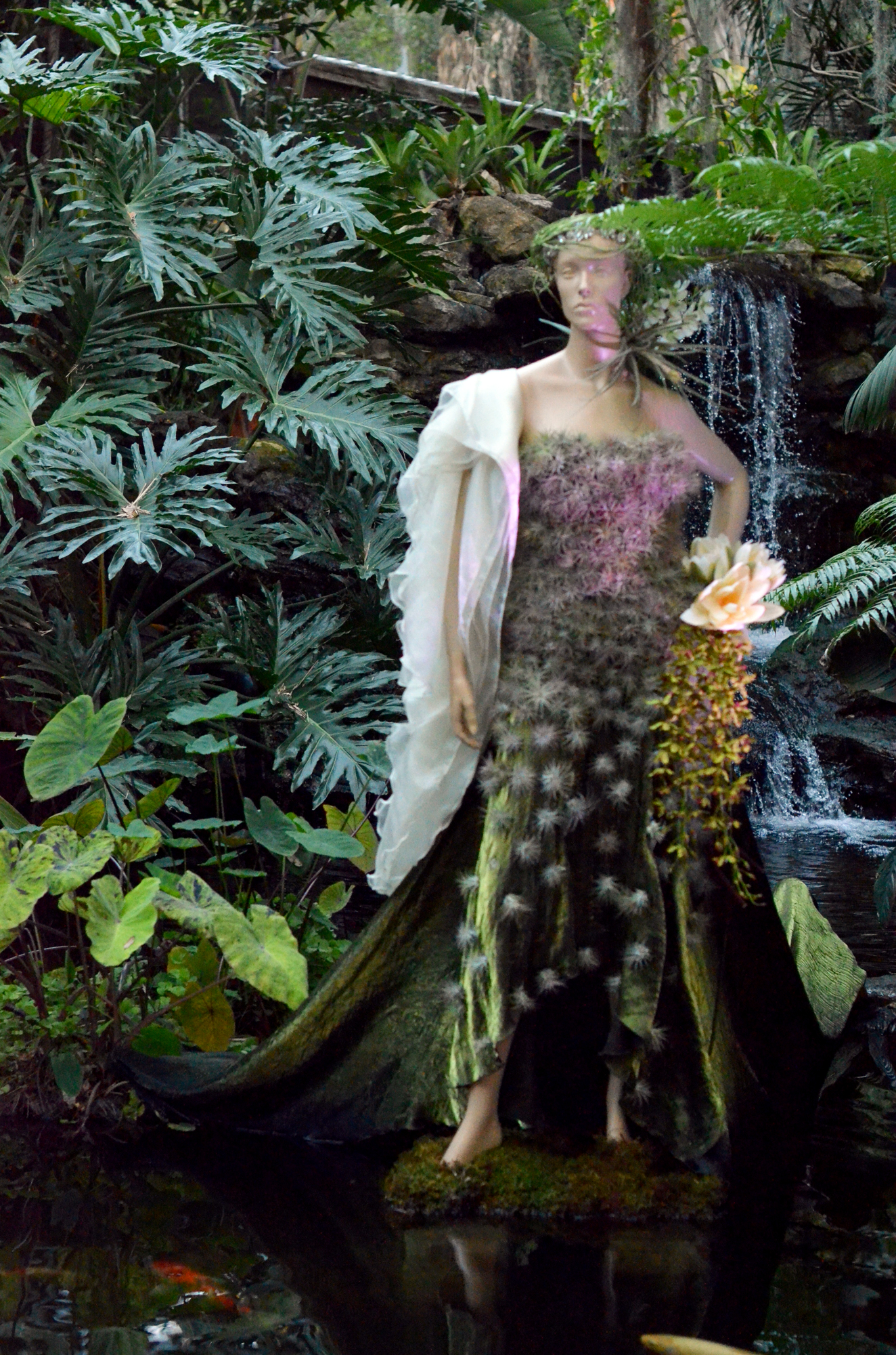 Selby’s Roger Capote dressed his mannequins to the party theme of “Gowns in the Garden,” painstakingly creating an underlayer of moss to be adorned with fresh orchids and dramatically lit at various locations. Photo by Heather Merriman Saba