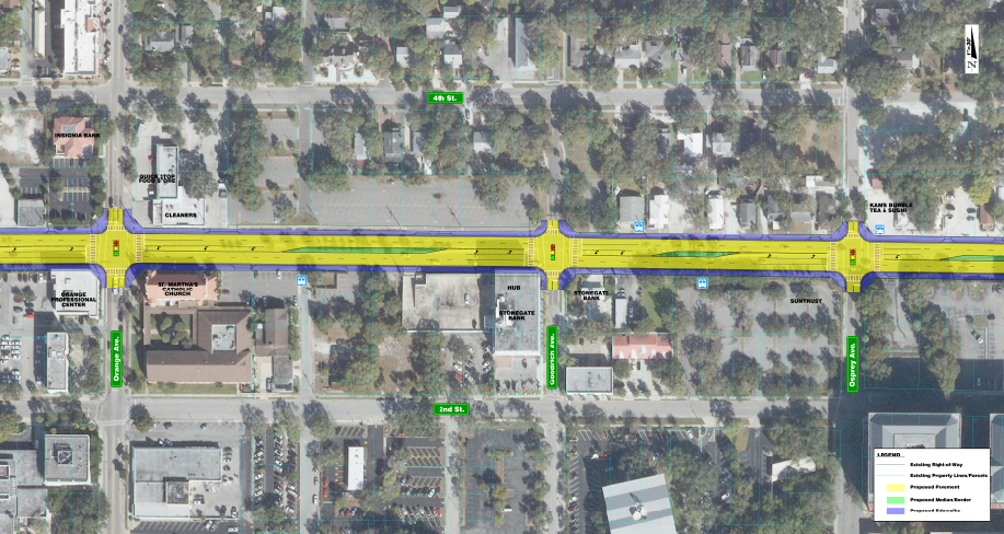 Option 1 maintains most of the status quo on Fruitville, focusing on widening sidewalks.