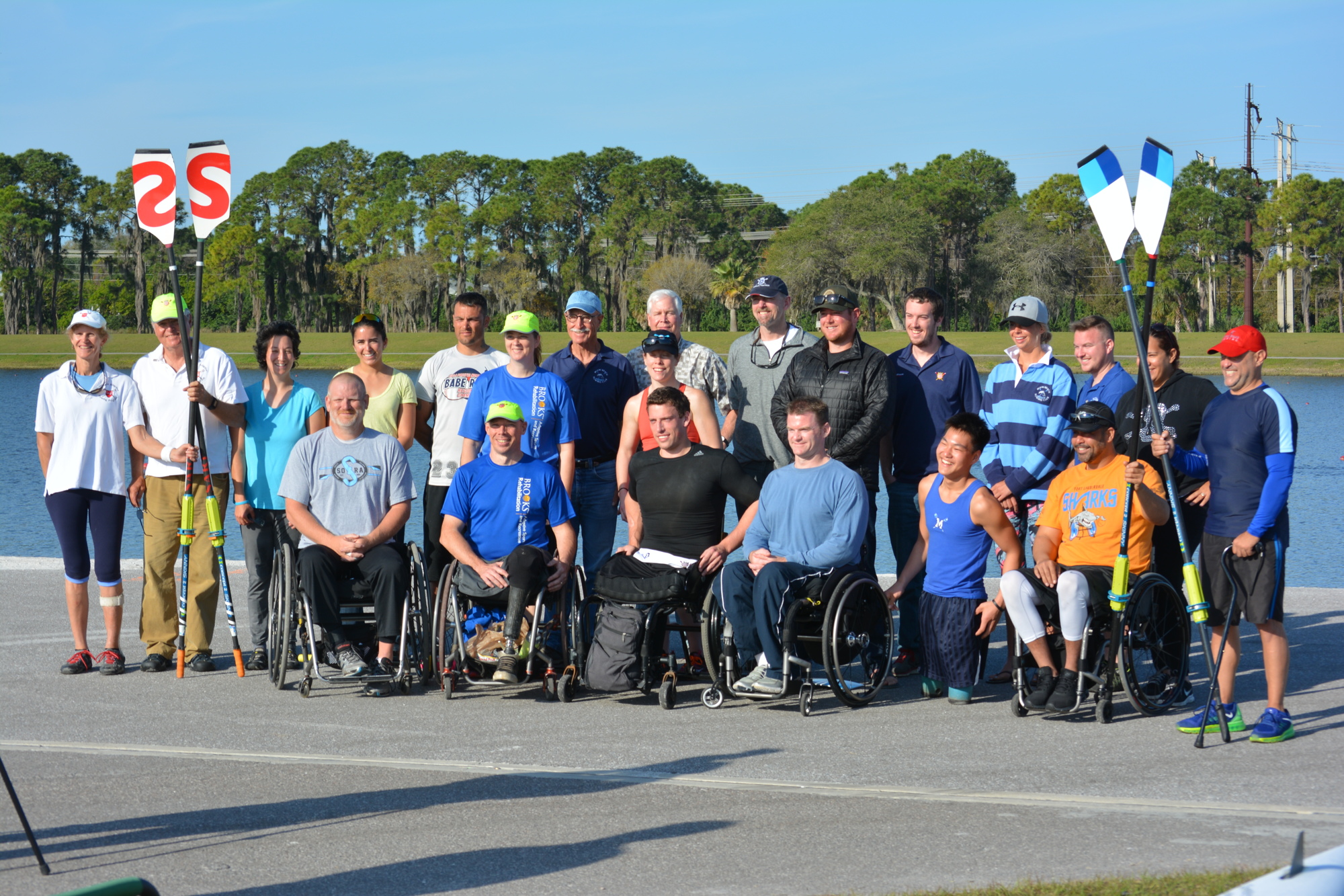 Athletes, coaches and volunteers pose after the USRowing Para Rowing Camp March 4 at Nathan Benderson Park.