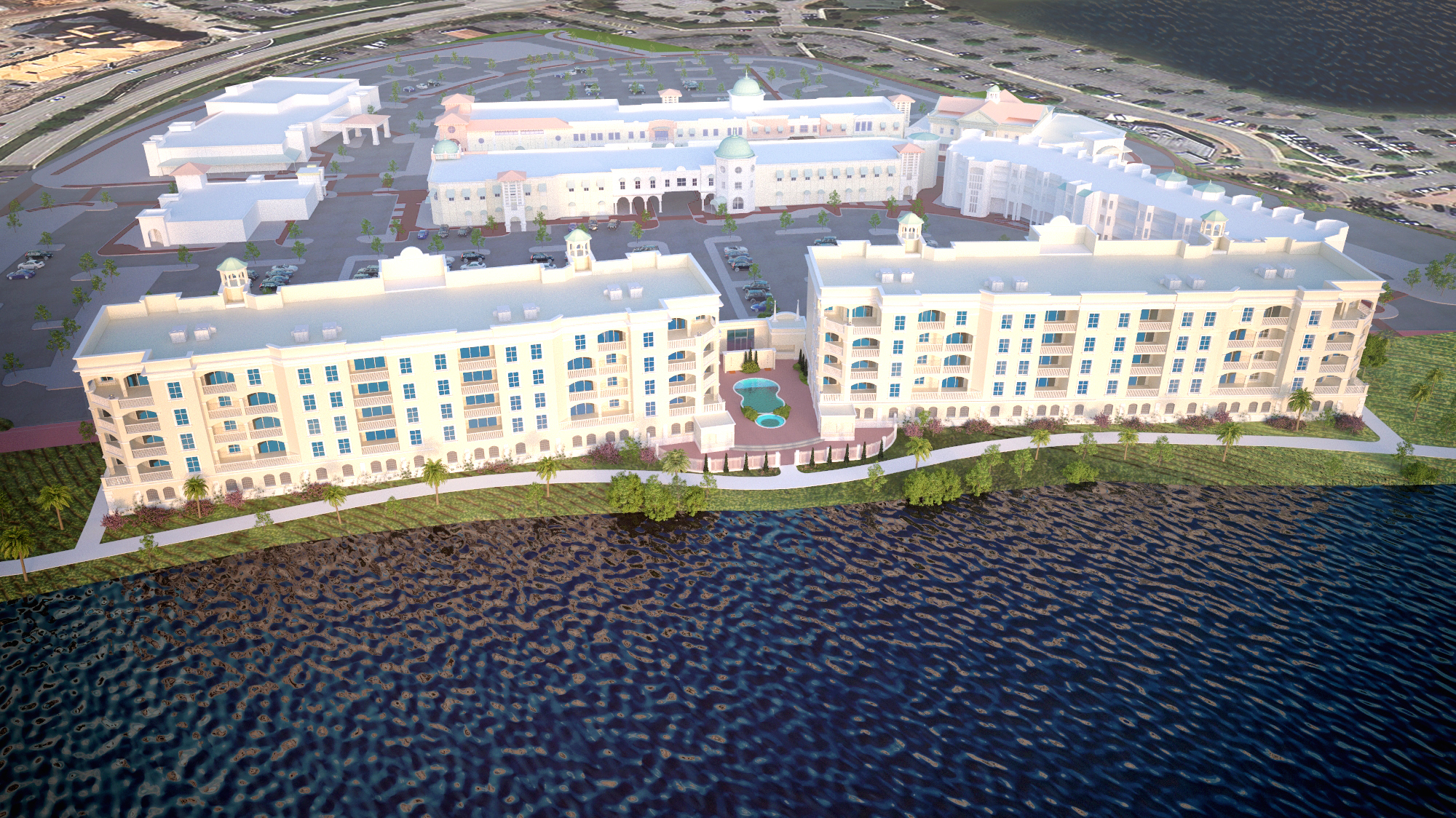A rendering shows the two five-story buildings that make up The Lakeshore condominium project at the bottom with existing Lakewood Main Street buildings in the background. The project is being built on the west shore of Lake Uihlein.