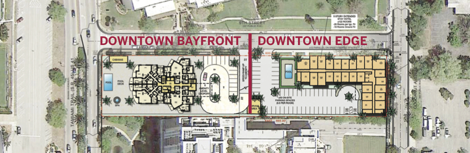 This conceptual site plan of the Players property from Ian Black Real Estate showcases the split zoning — the left half is entitled to 18 stories, but the right has a limit of five stories. 