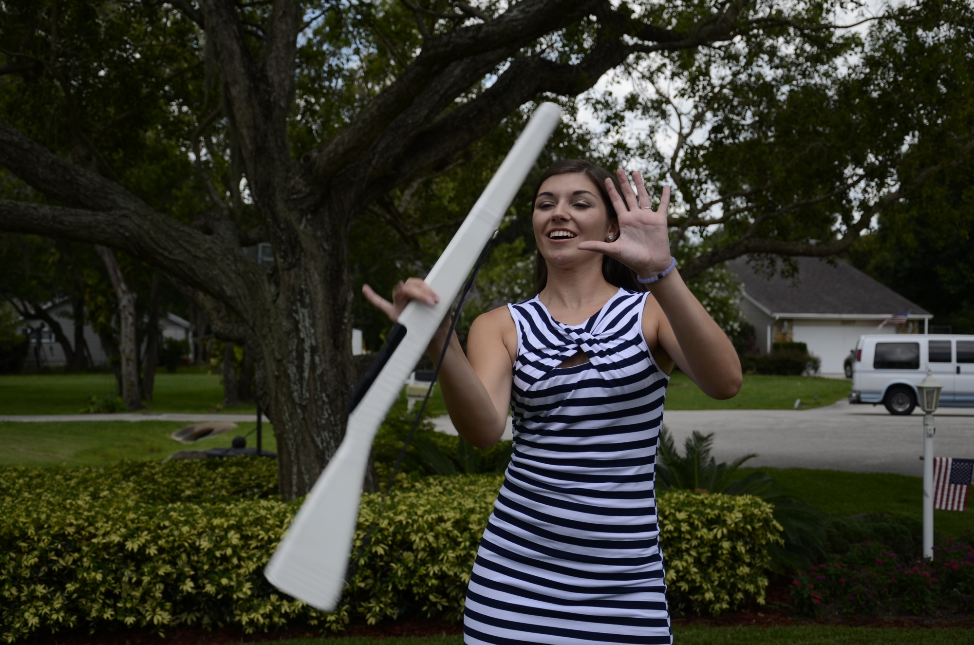 Samantha Hyatt served on the color guard in high school and is on the rifle line at University of Florida. She does a rifle twirling routine as her talent at pageants.