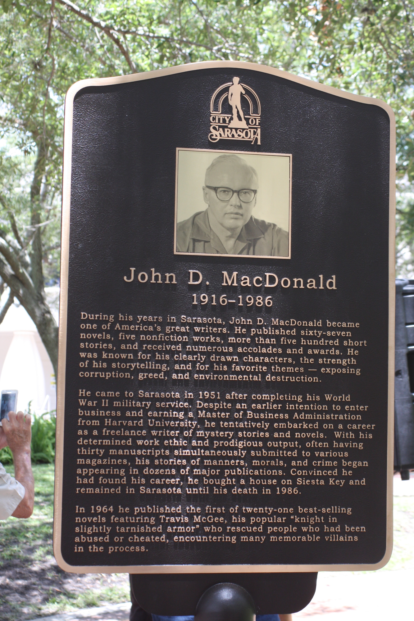 John D. MacDonald was recently commemorated with this plaque in Five Points Park. Courtesy photo.