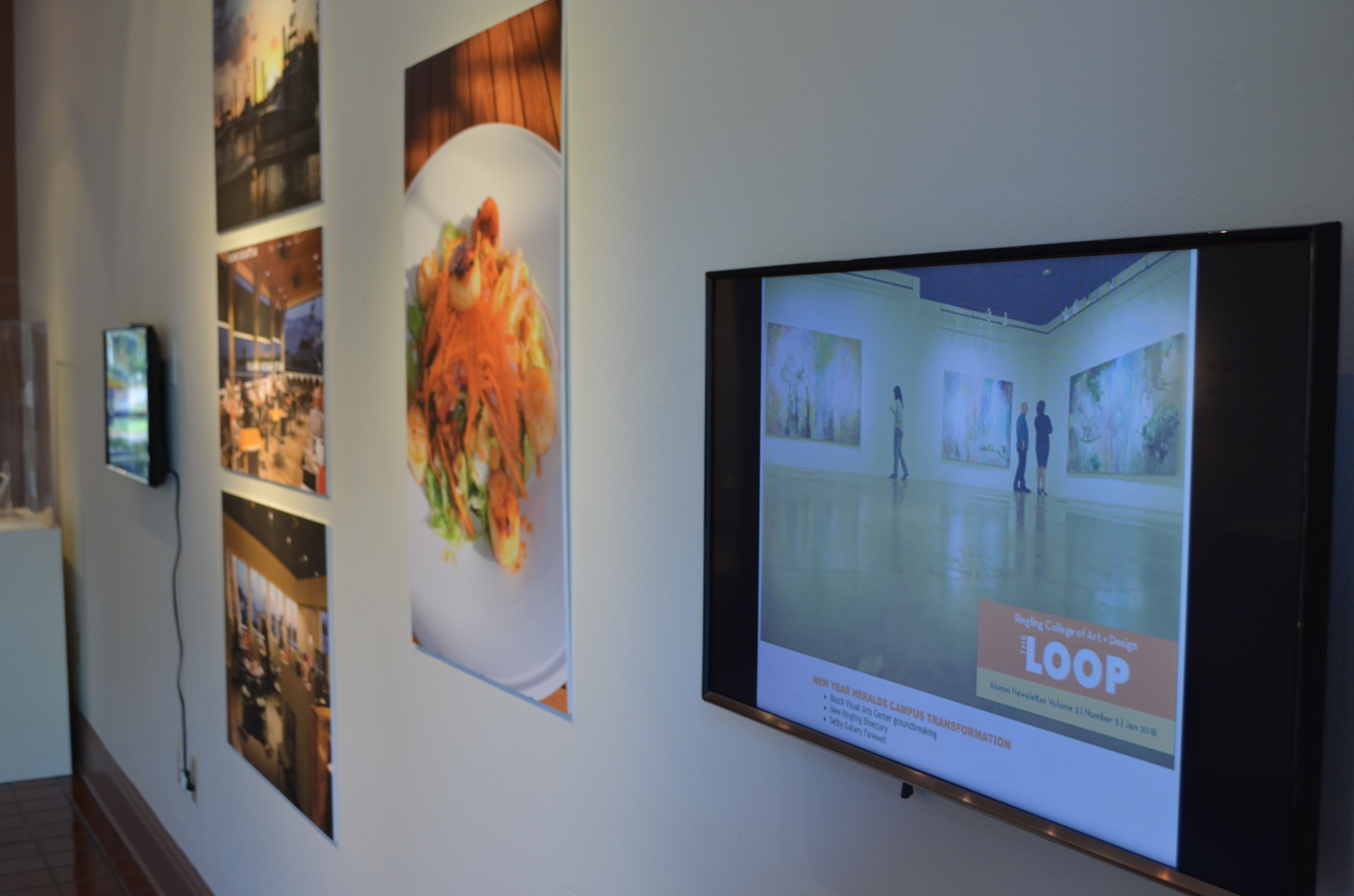 Examples of various campaigns created by Nuevo Advertising Group. The TV screens display projects that Pérez created or programmed for Ringling College of Art and Design, and the photos were part of a print and digital project for Ocean Star restaurant.