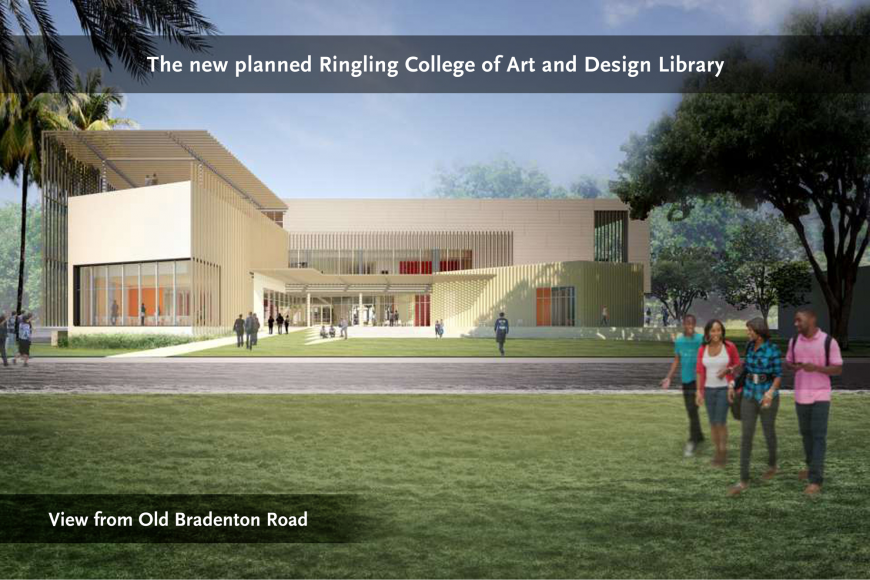 The 48,000 square foot library will feature the college's complete book and media collection along with an interactive study area, a café and classrooms.