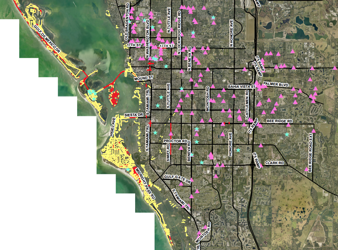 The pink triangles are flooding hotspots, while the red lines indicate streets that are prone to flooding.