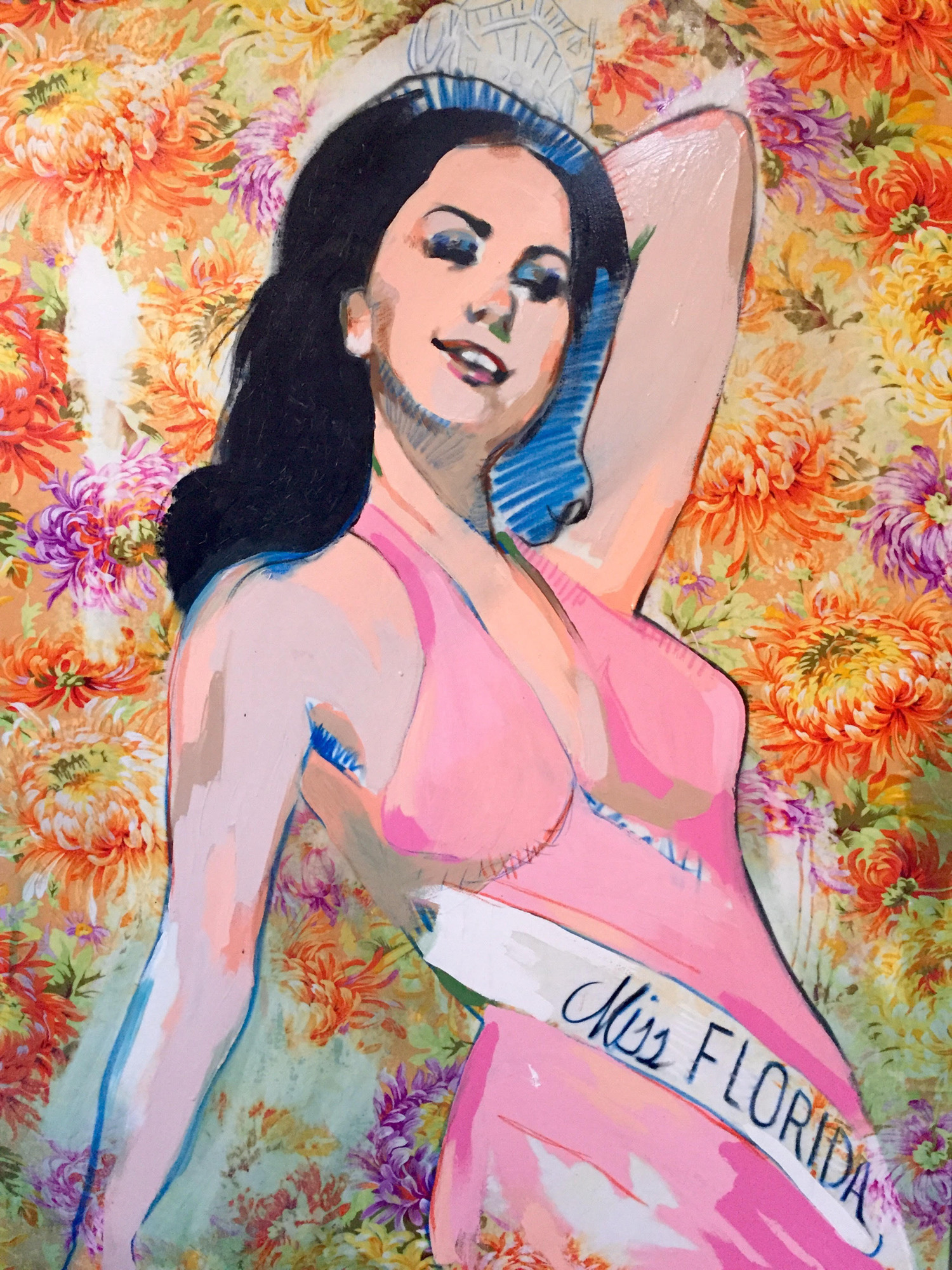 Tim Jaeger explores images of Old Florida with his painting “Miss Florida, Delta Burke, 1974.” 