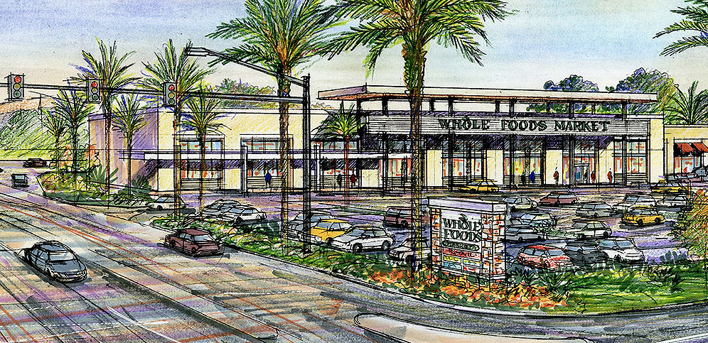 A rendering shows the concept for a Whole Foods Market at University Station.