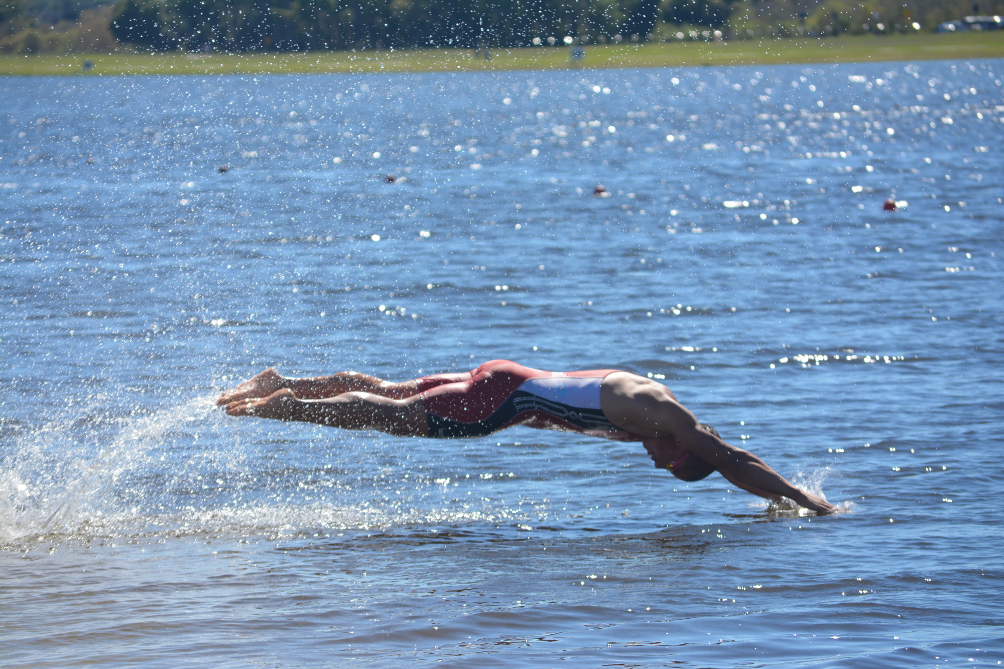 Argentina's Vicente Lima dives into the water at Nathan Benderson Park during the 2016 Biathle/Triathle World Championships' male U-19 triathle event. Lima finished second with a time of 15:51.00.