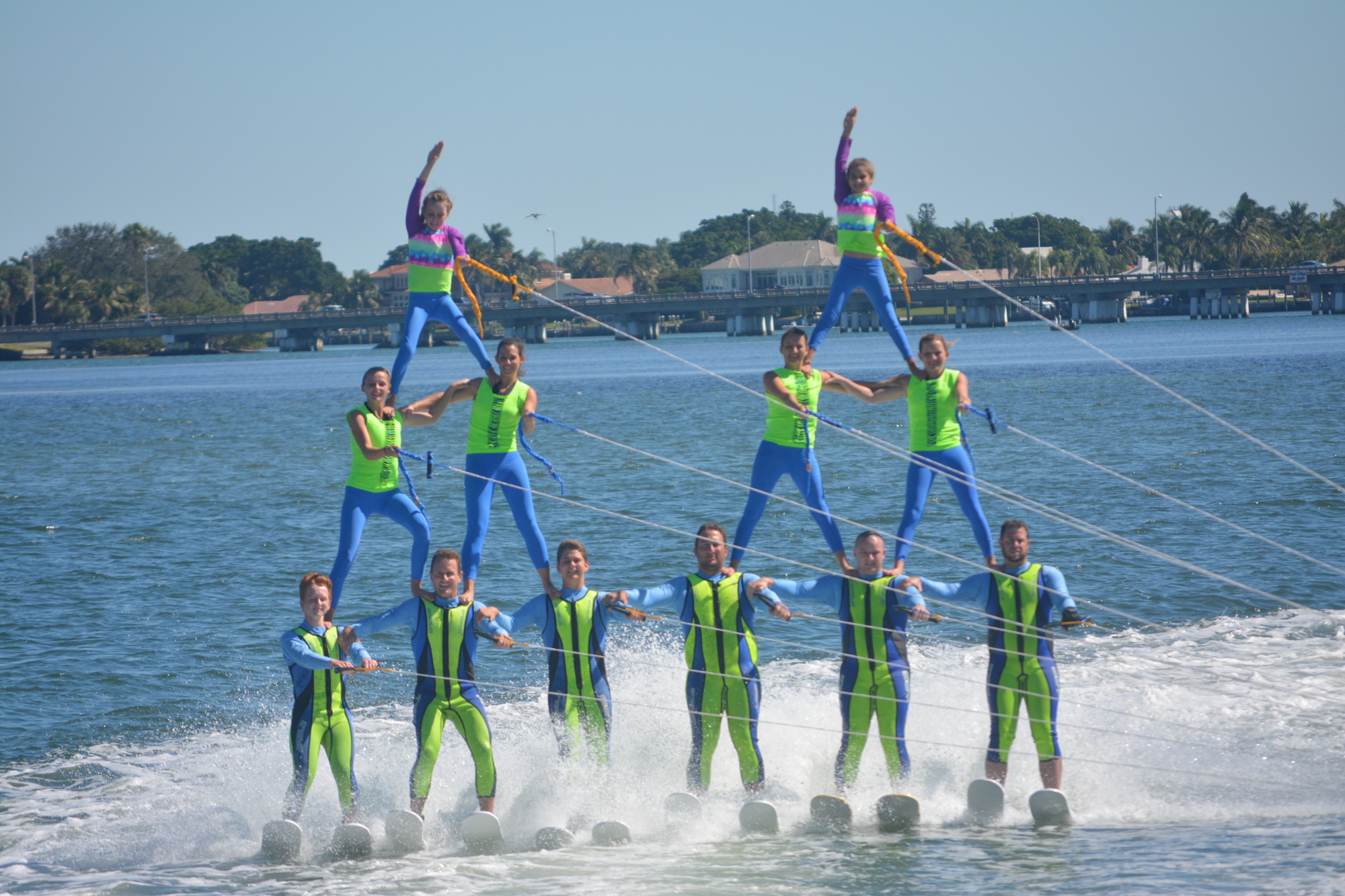 The Sarasota Ski-A-Rees form twin pyramids during their show on Oct. 23.