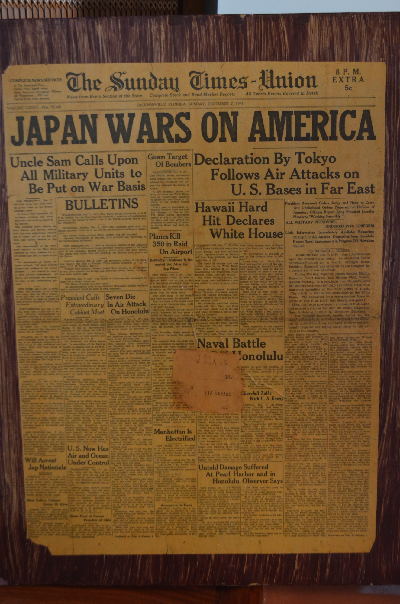 Shannon Gault has a copy of the front page from the Jacksonville newspaper dated Dec. 7, 1941.