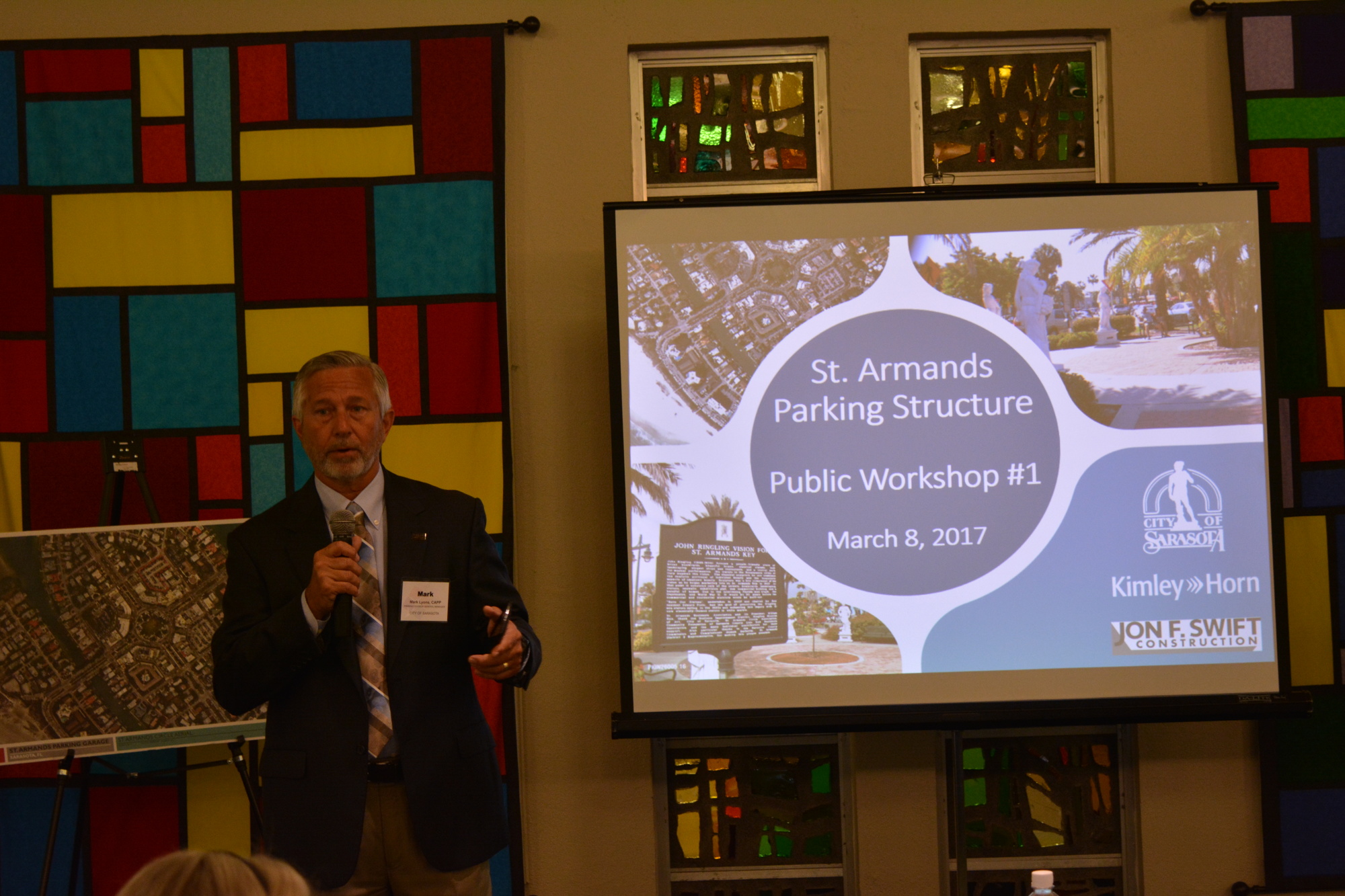 Parking Manager Mark Lyons speaks at a workshop regarding the St. Armands garage project.