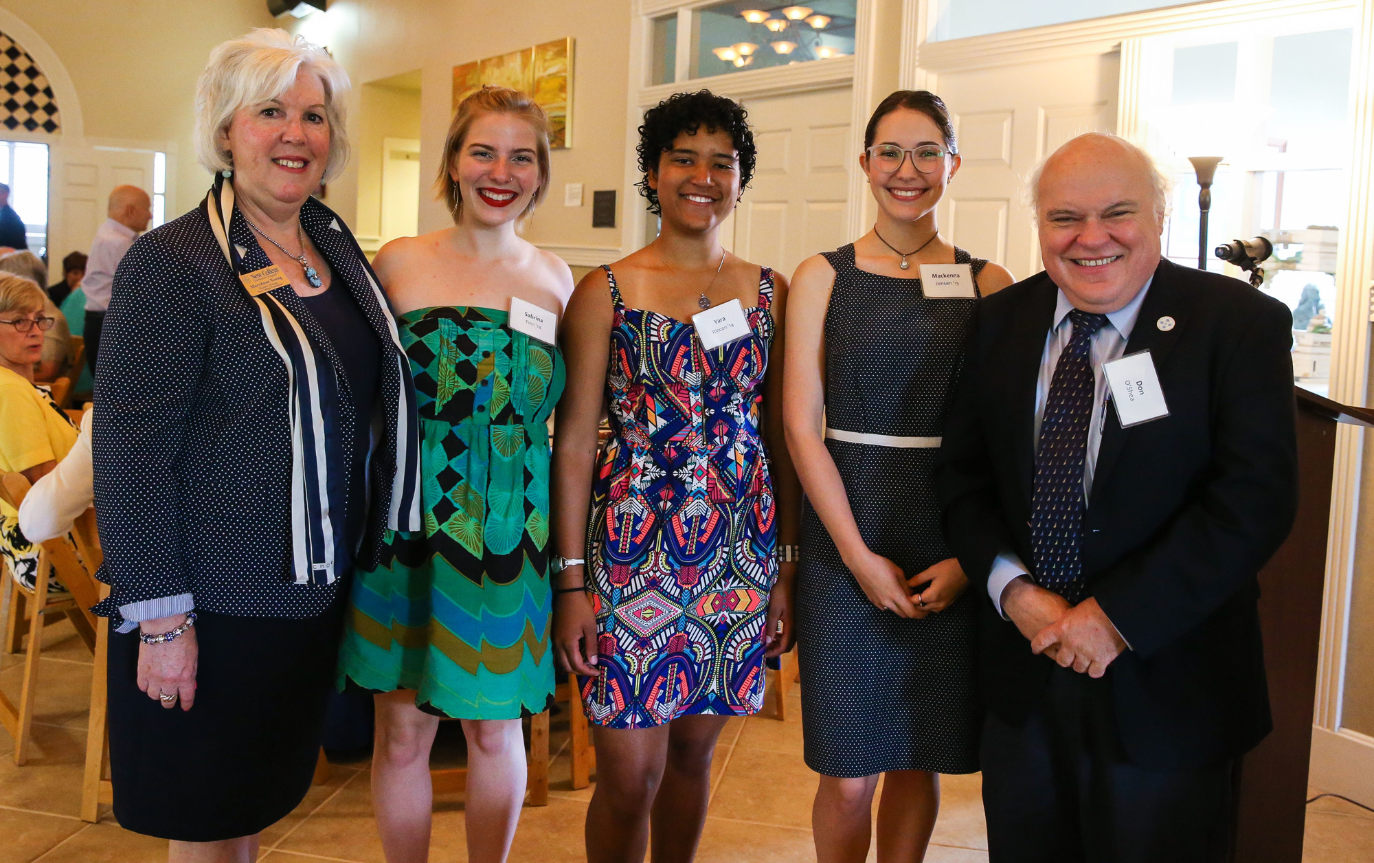 Mary Anne Young, executive director of the New College Foundation, with student speakers Sabrina Finn, Yara Rincon and Mackenna Jensen, and New College President Don O’Shea — Photo by Casey Brooke Lawson