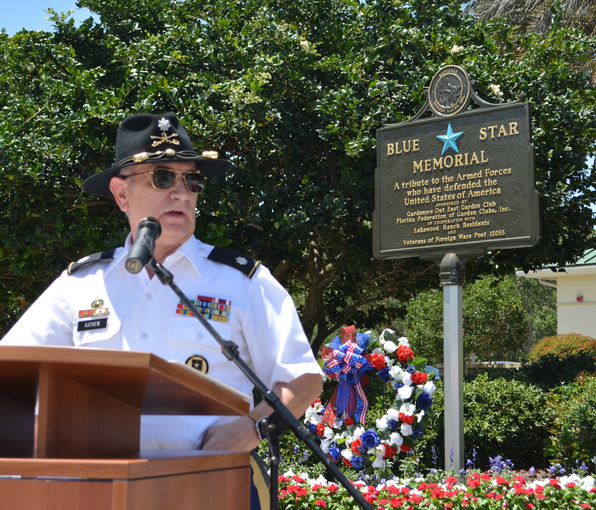 Lt. Col. Lee Kichen is the guest speaker at a ceremony to dedicate a Blue Star Memorial Marker at Lakewood Ranch Town Hall.