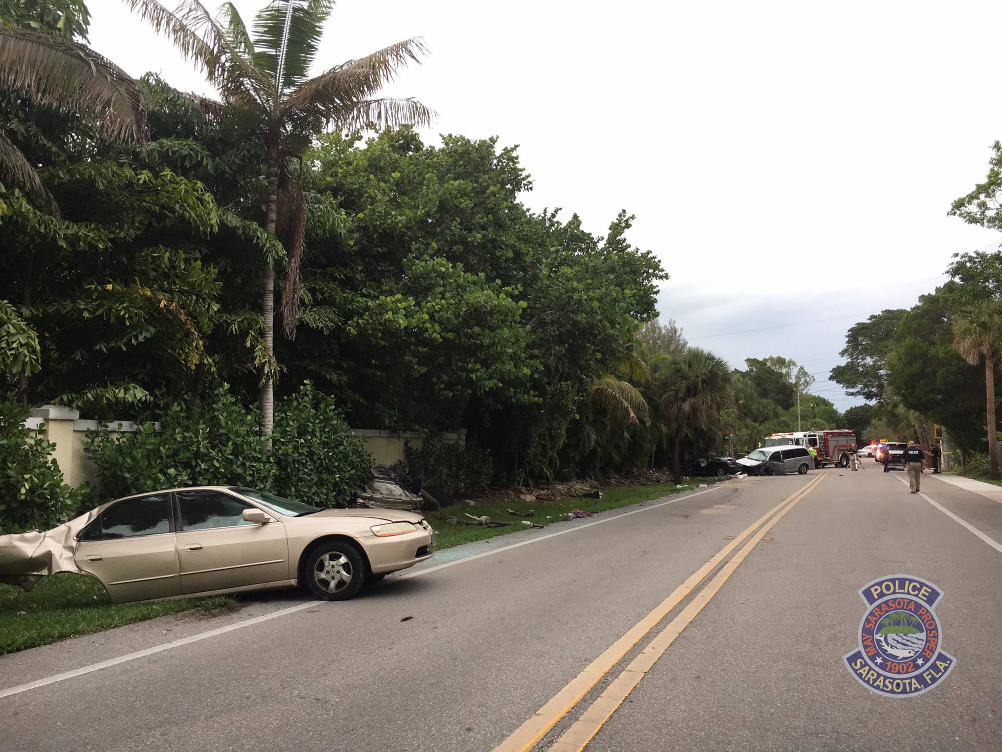 The Sarasota Police Department shared this image of the aftermath along Higel Avenue following a three-car crash.