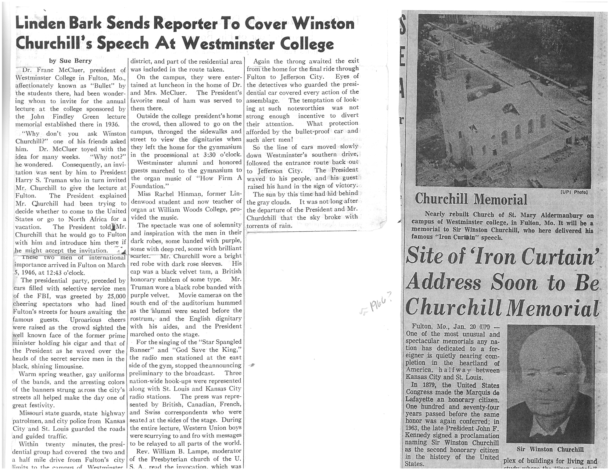The Linden Bark student newspaper gave Suzanne Bissell's account of the Iron Curtain speech a false headline, claiming that they had sent her there. Courtesy image 
