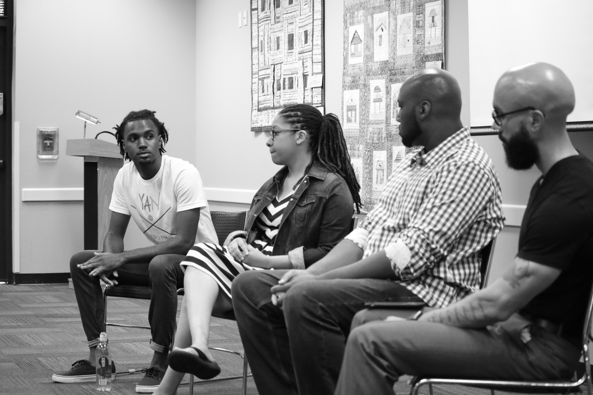 Youth Artists Network Founder and Artistic Director Maureik Robison, Alisha Gaines, Cedric Hameed and Demar Pitman participate in a discussion during the film screening of 