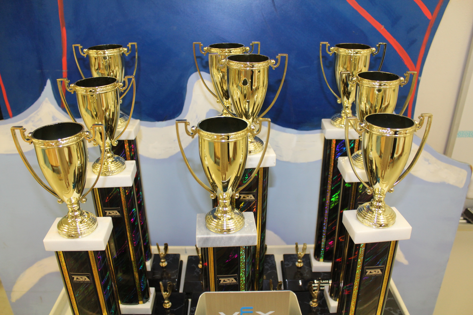 Trophies from the 2017 National TSA Conference sit lined up in Carlos E. Haile Middle School's TSA lab.