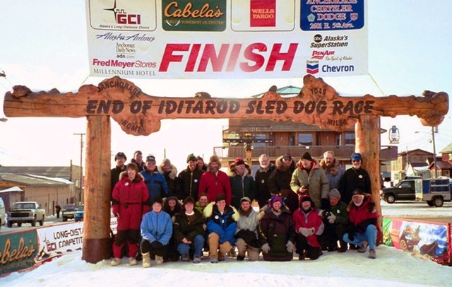 Phil Cady and other  participants at the finish line of the 2004 Serum Run. Courtesy photo.