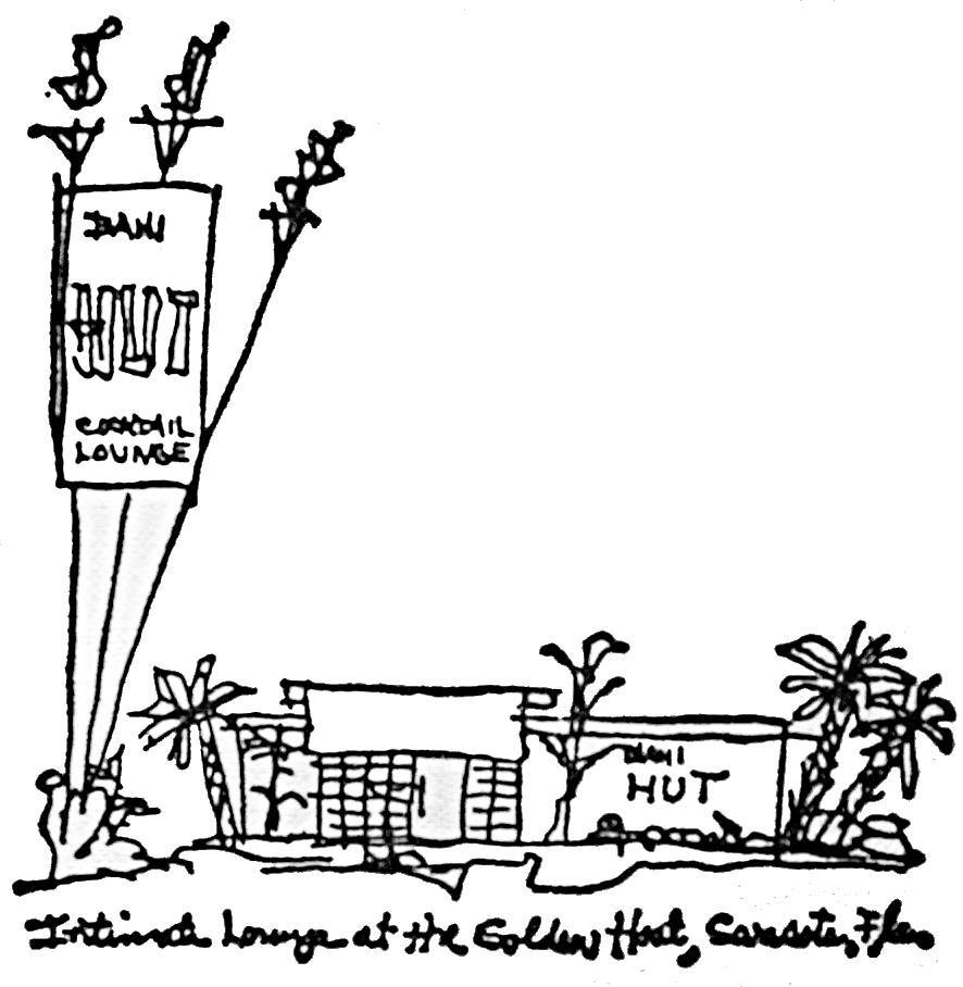 Florida artist Thornton Utz hand sketched the Bahi Hut's original cocktail-napkin design.