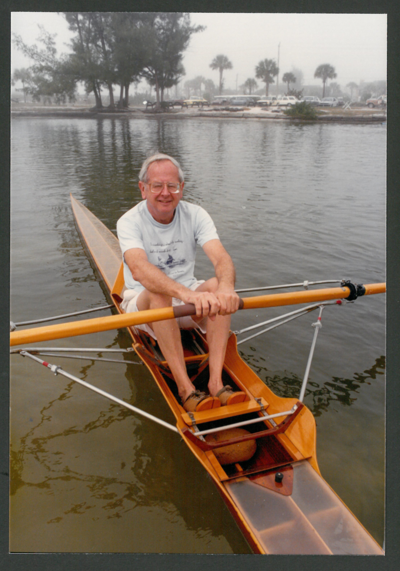 Art Ferguson circa 1971, in his wooden single scull boat in Sarasota waters. Ferguson rowed the boat recreationally for 30 years.