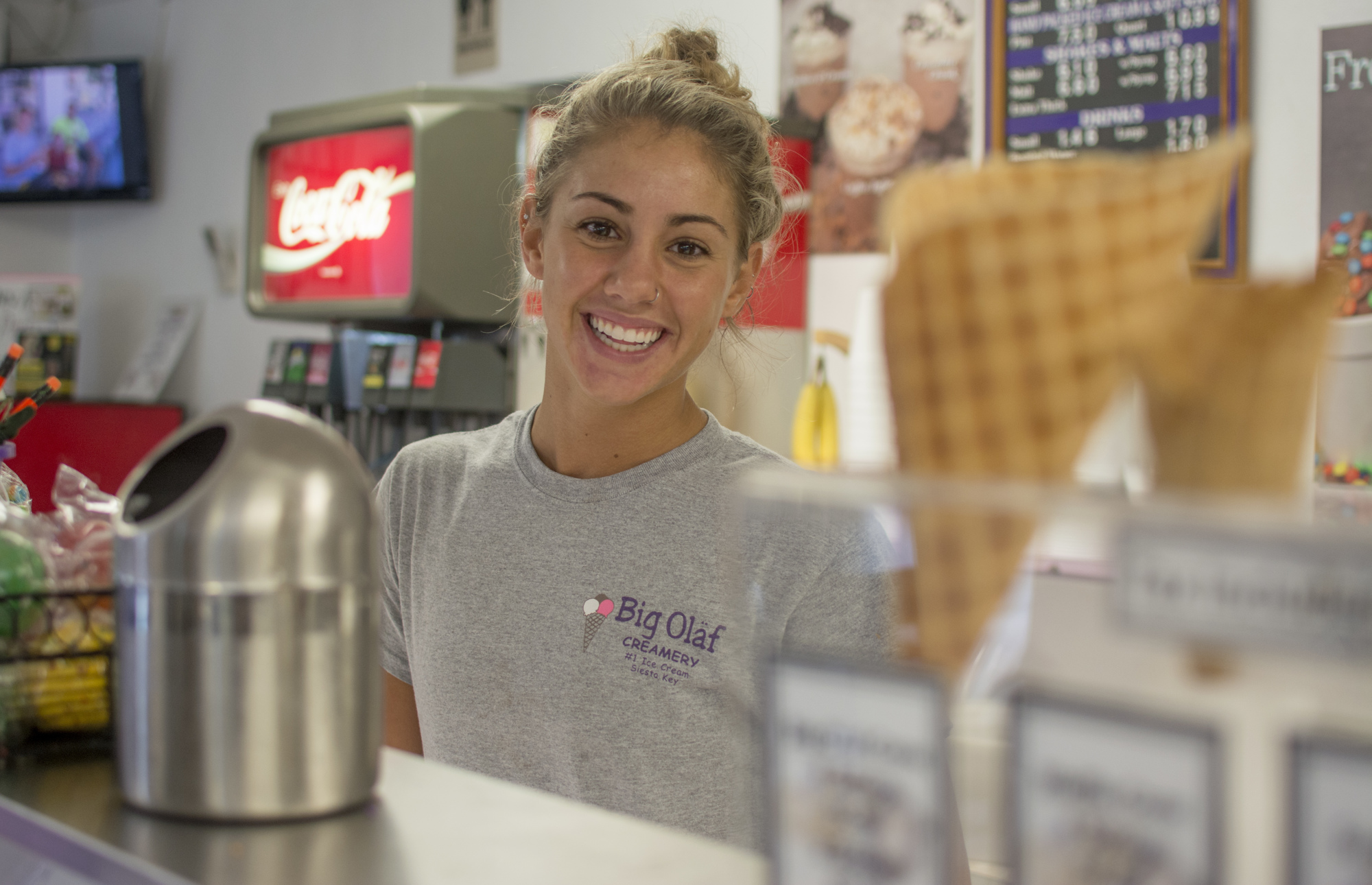 Melody Mullet, 21, helps prepare Big Olaf Creamery in the Siesta Key Village before Hurricane Irma hits.