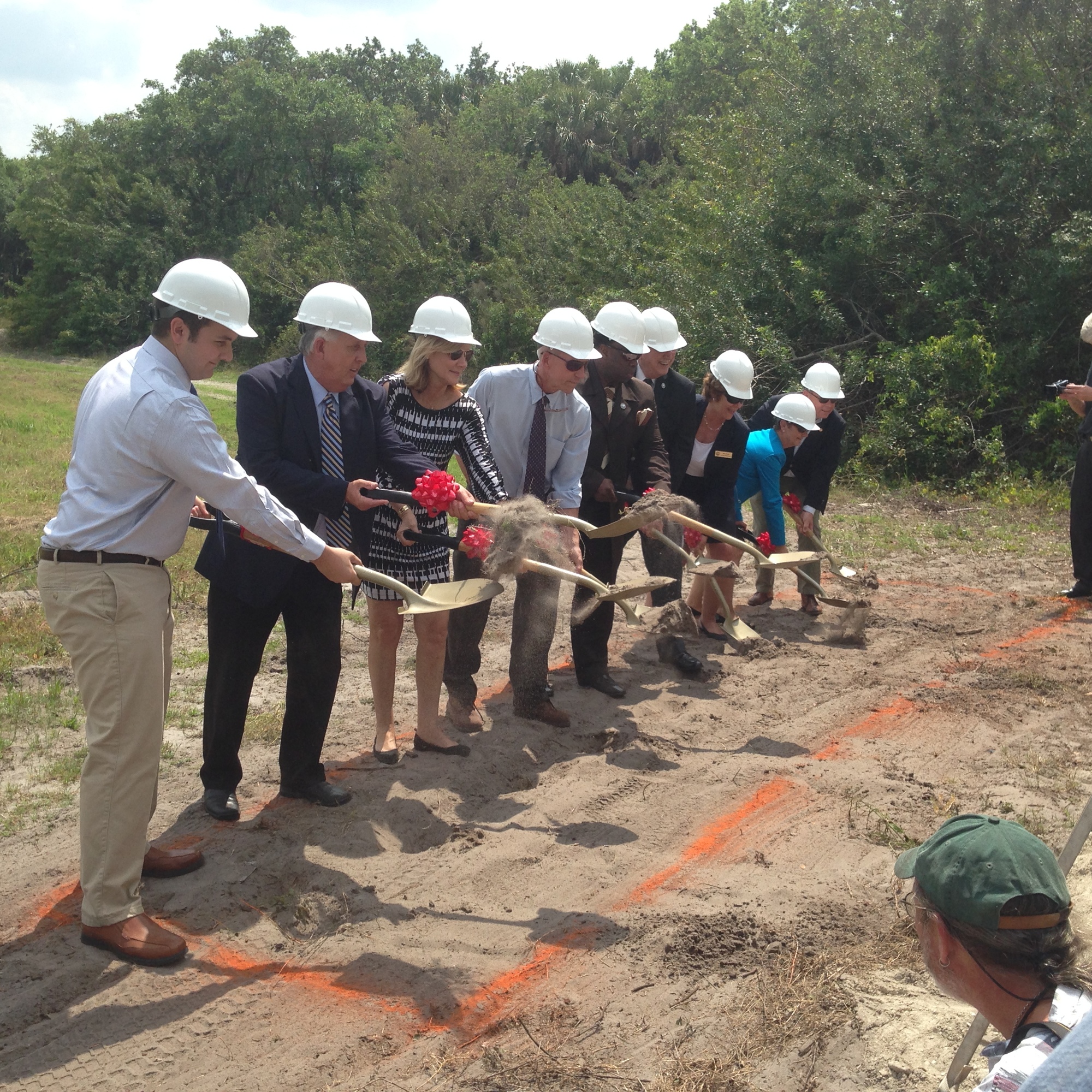 Mark Simat, front, participates in the ground-breaking ceremony for the Fort  Hamer Bridge on March 19, 2015. Courtesy photo.