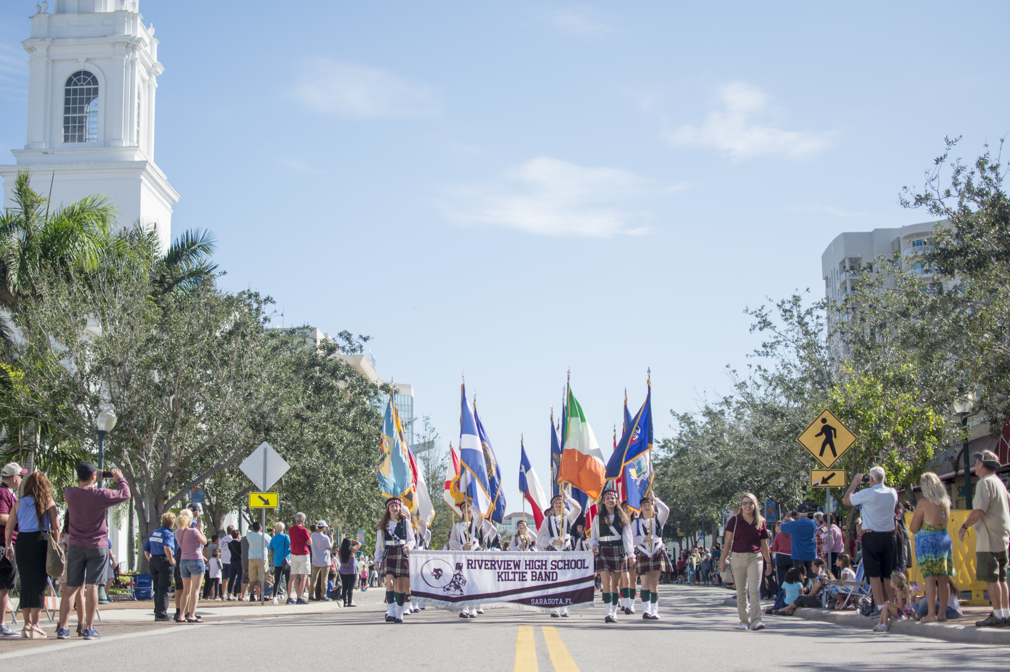 The Riverview Kilties march in the Sarasota Veterans Day Parade. The band will travel to Chicago to participate in the city’s Thanksgiving Day Parade.