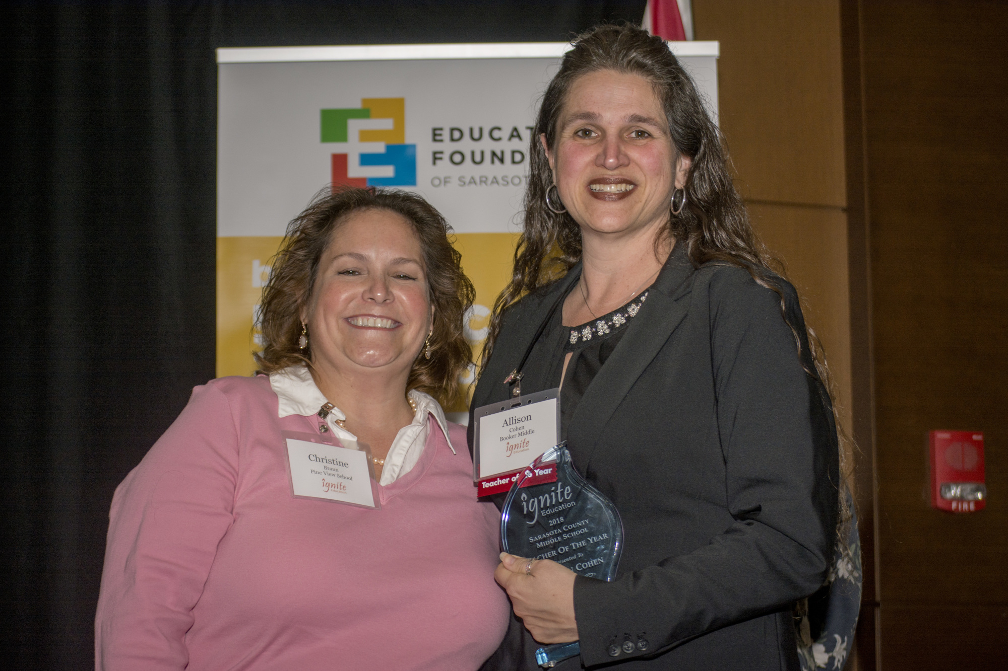 The 2017 Middle School Teacher of the Year Christine Braun poses with 2018 Middle School Teacher of the Year Allison Cohen.