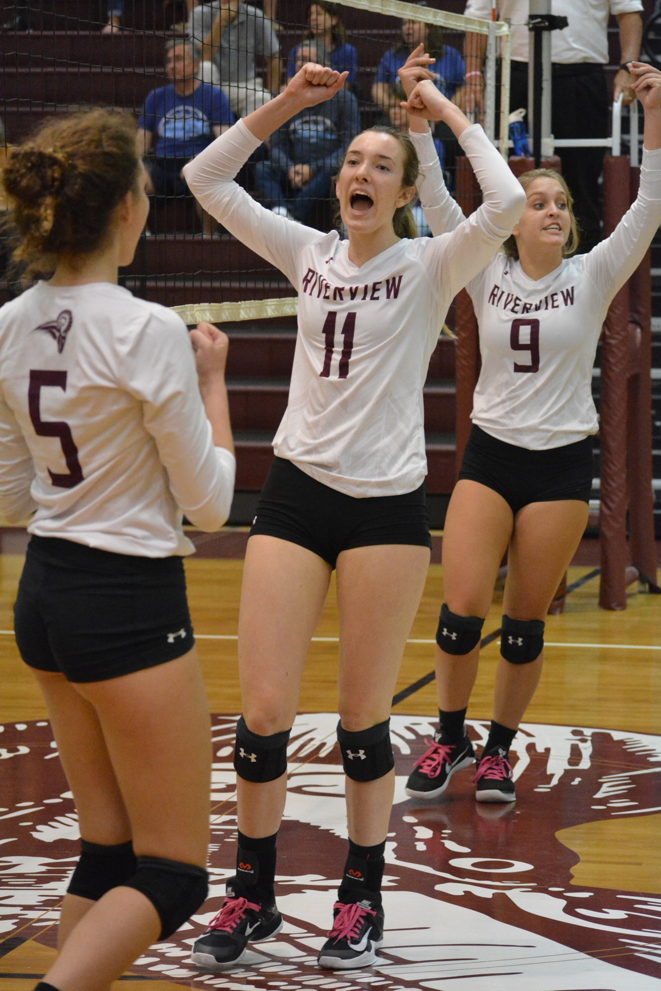 Riverview High volleyball's Riah Walker (5), Abby Quigley and Kayla Walker can't contain their emotions after winning a point in the district title match.