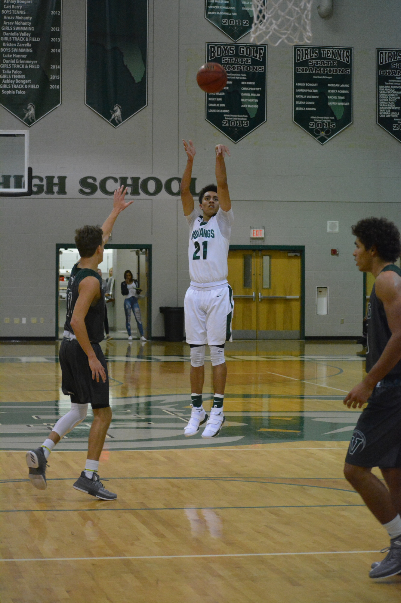 Lakewood Ranch senior Evan Spiller, here hitting a three pointer against Venice, believes the team has a ways to go before being state title caliber.