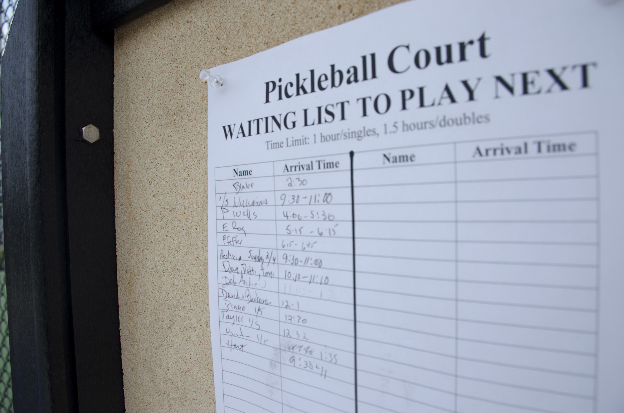 The new sign-in sheet at the Bayfront public pickleball court was designed to curb confusion about reserving court time.