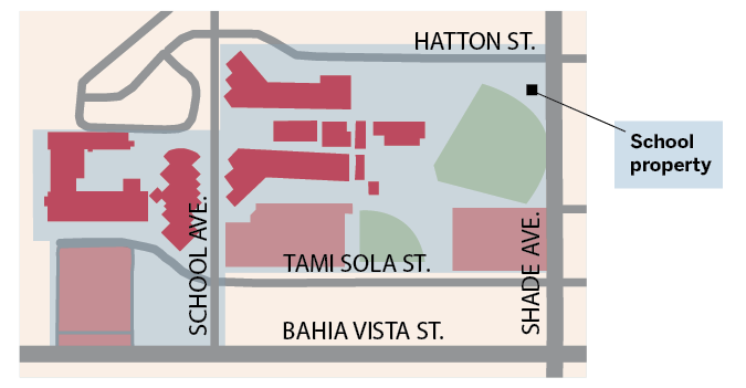 Sarasota High School covers 85 acres and includes a road that bisects the campus.