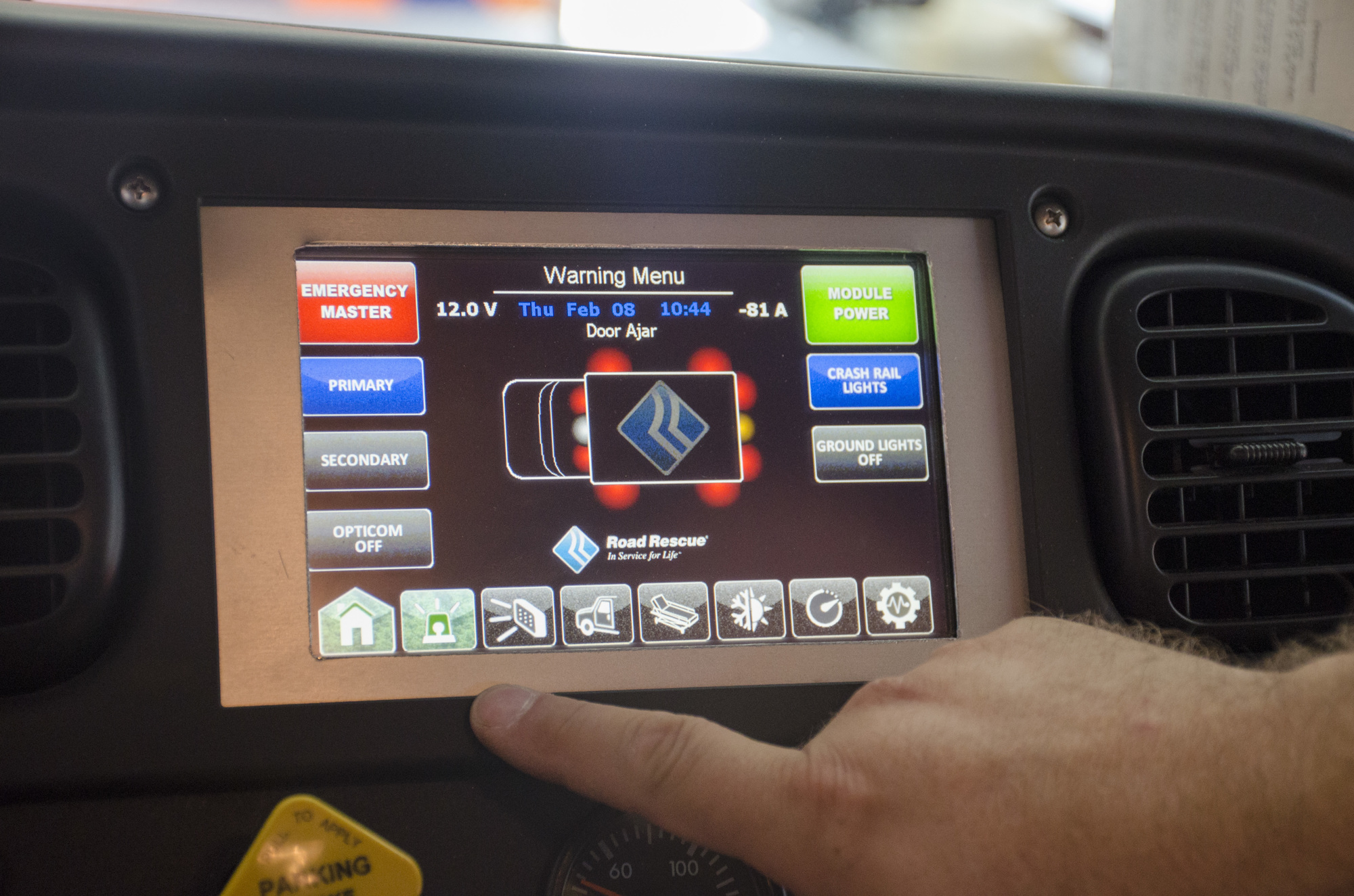 This touch screen gives paramedics the ability to see what emergency lights are operating, control the howler siren, check which doors are open, monitor the vehicles oxygen levels and battery life, see blind spots and much more.