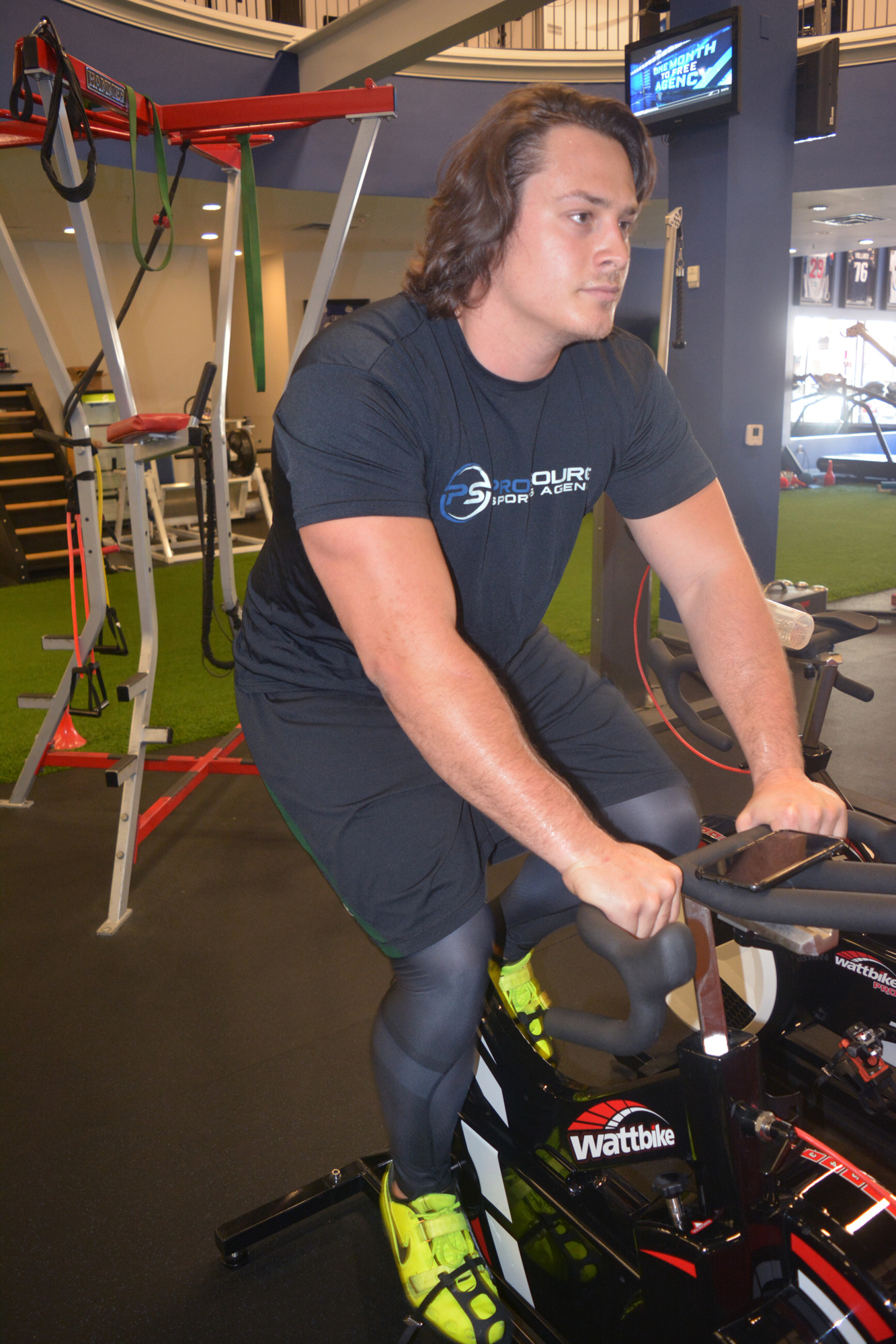 Cleeland Browns center Austein Reiter hits the exercise bike at Athletic Edge in Lakewood Ranch. Reiter attended Lakewood Ranch High.