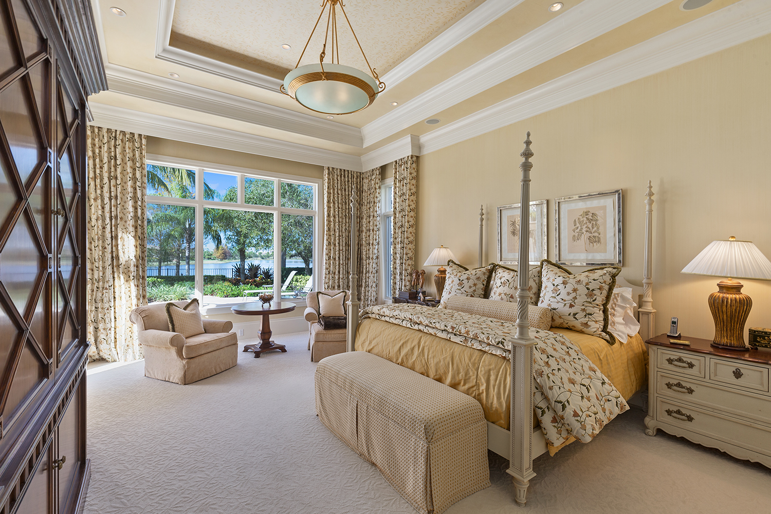 The sunny master bedroom faces the lake.